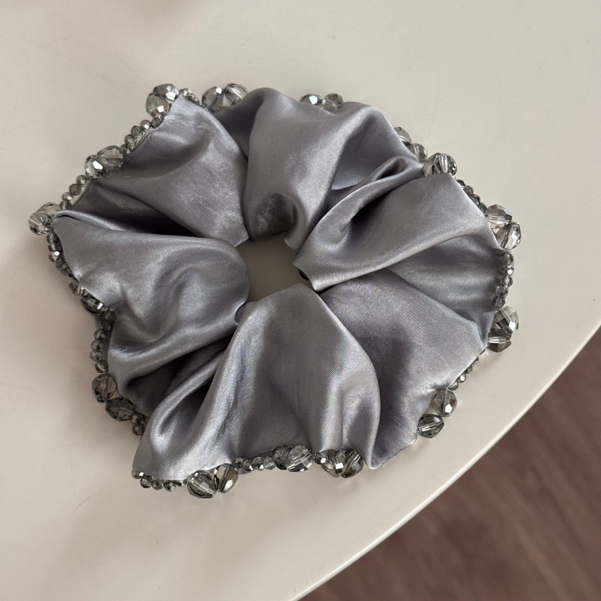 Women's Spring French Retro Satin Hair Tie Sparkly Crystal Beige