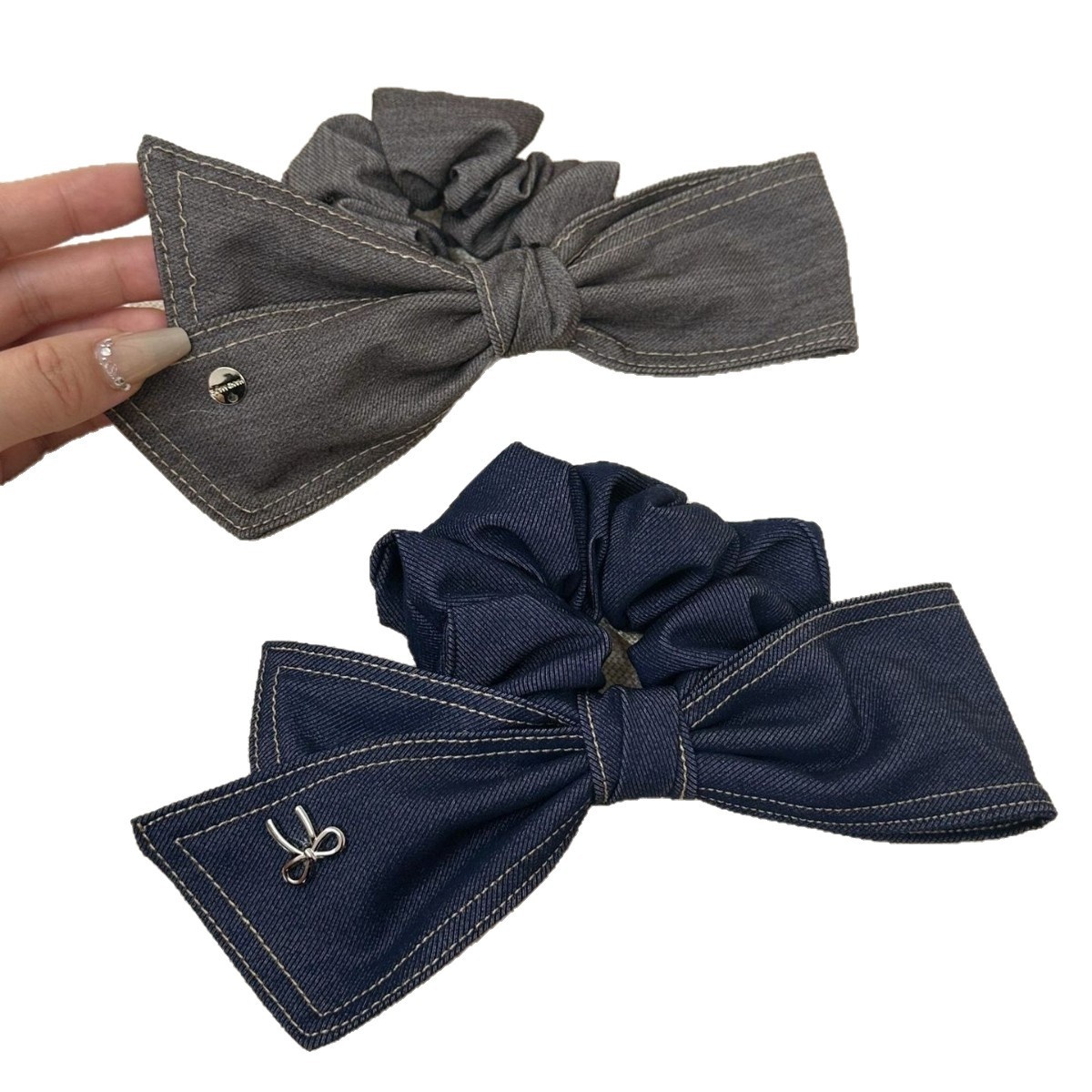 Women's Handmade Denim Butterfly Knot Scrunchie Retro Fashionable Grey Blue