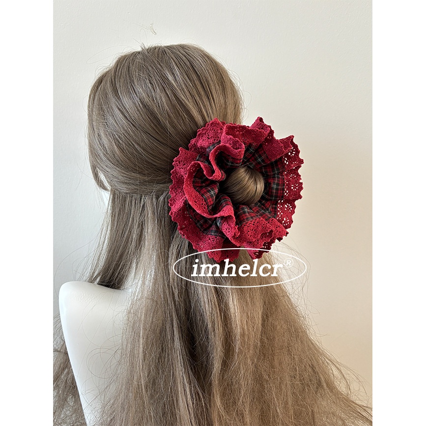 Women's New Year Festive Cloth Hair Bun Scrunchie Red Lace Plaid
