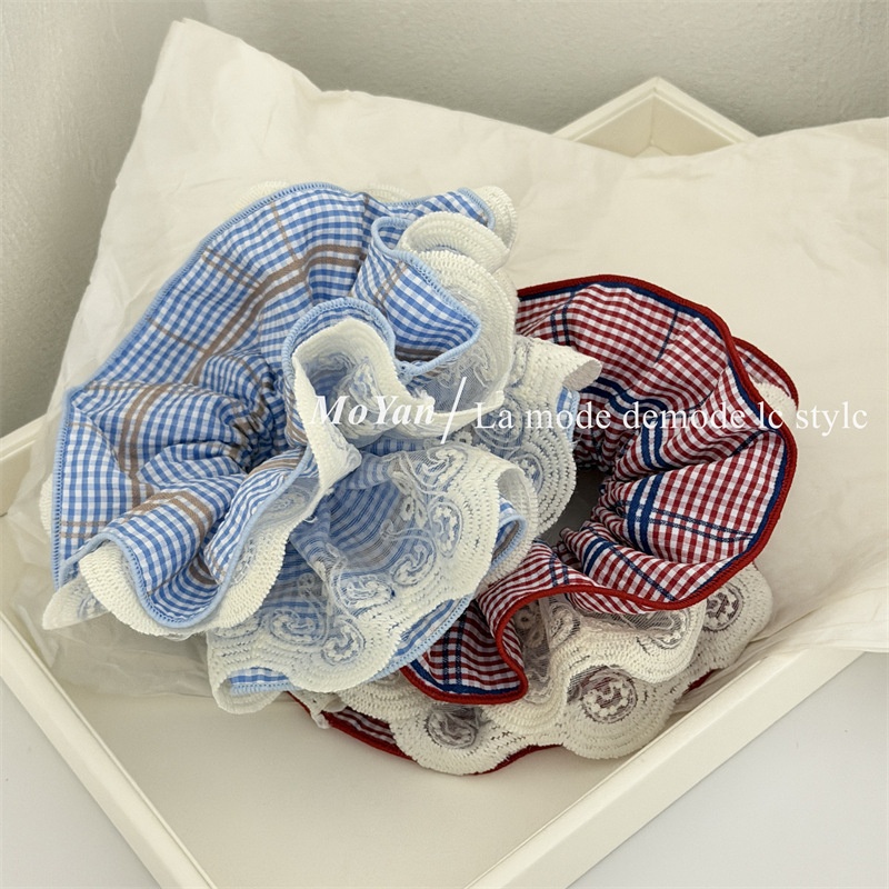 Women's Plaid Lace Patchwork Hair Tie Chic Red Blue Checkered Cloth Scrunchie