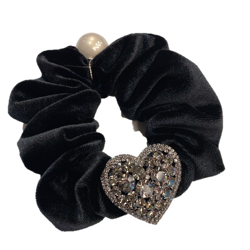 Ladies Velvet Lazy Low Bun Hairband Rhinestone Heart Bow Khaki Black