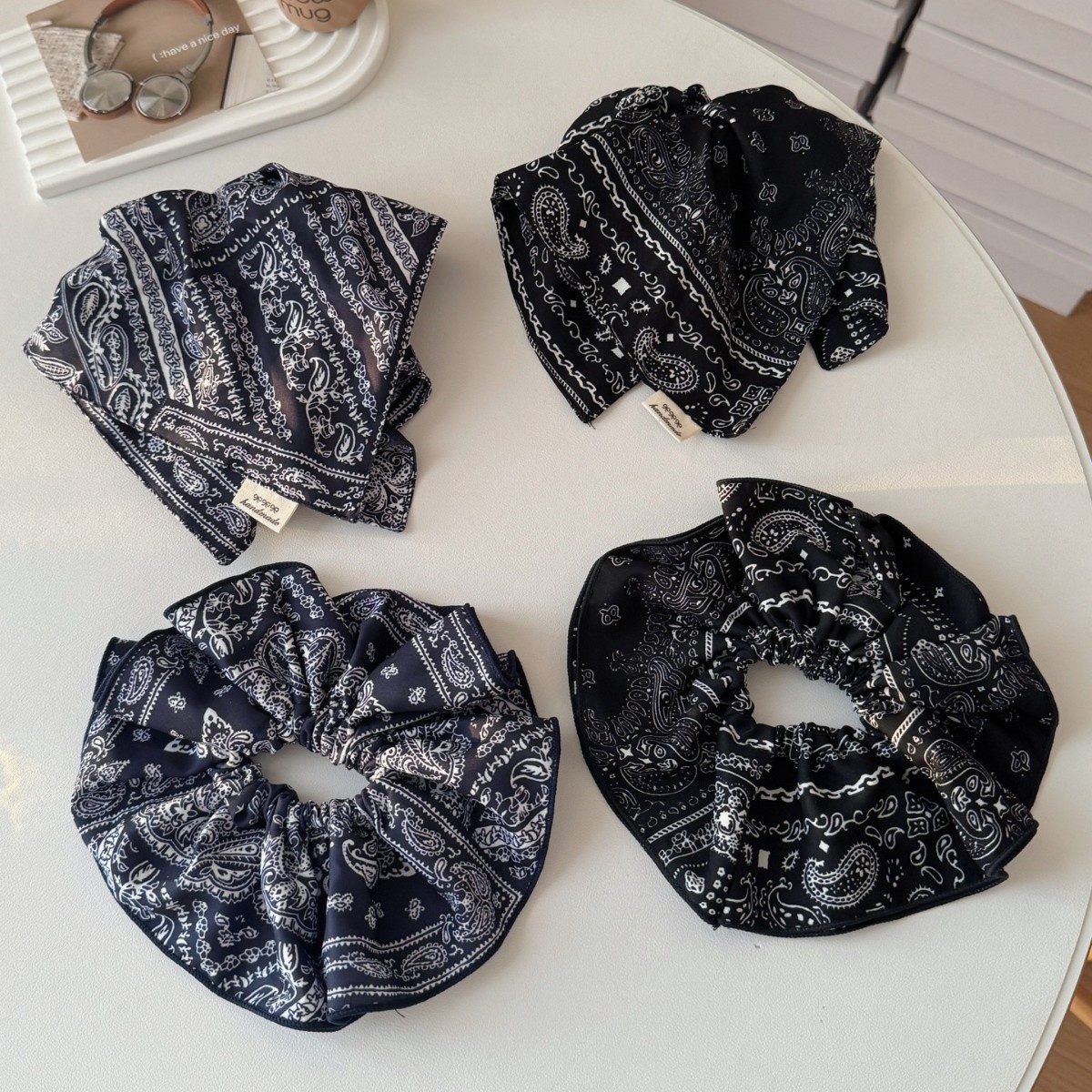 Women's Oversized Silk Scarf Hair Scrunchie Retro Black Nut Flower