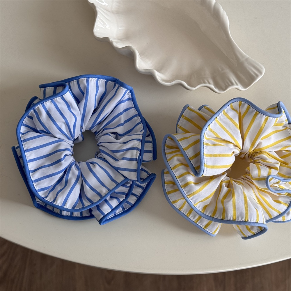 Women's Summer Cloth Telephone Cord Hair Tie Yellow Blue Striped