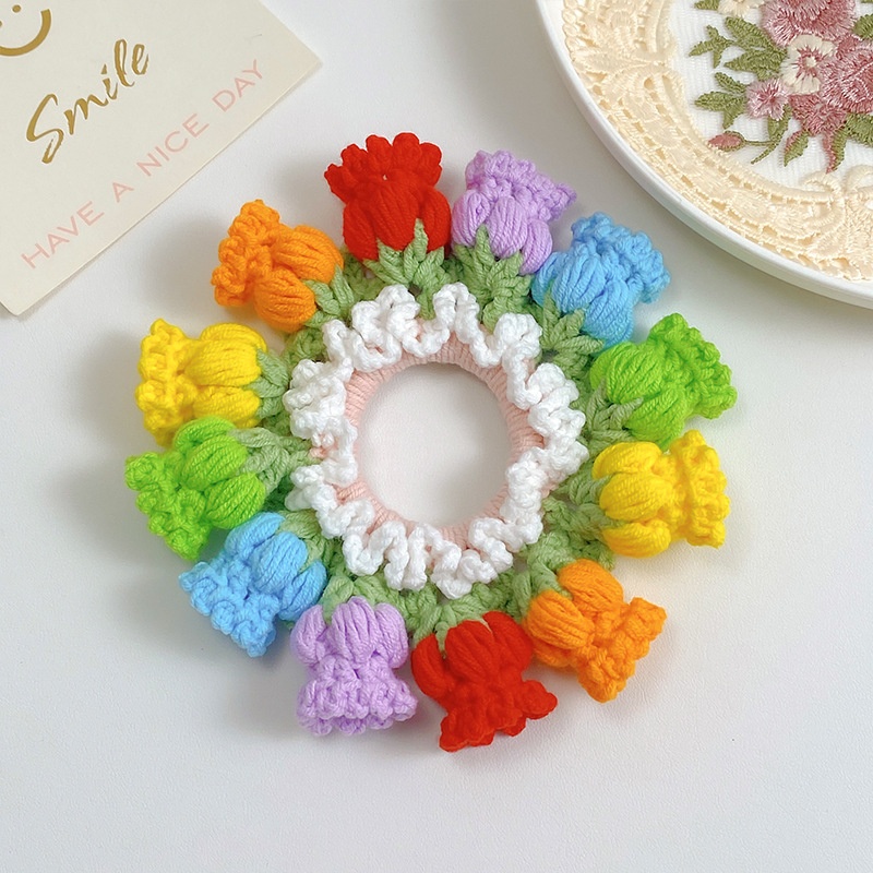 Women's Handmade Knitted Yarn Scrunchie Bellflower Bowknot Hair Tie