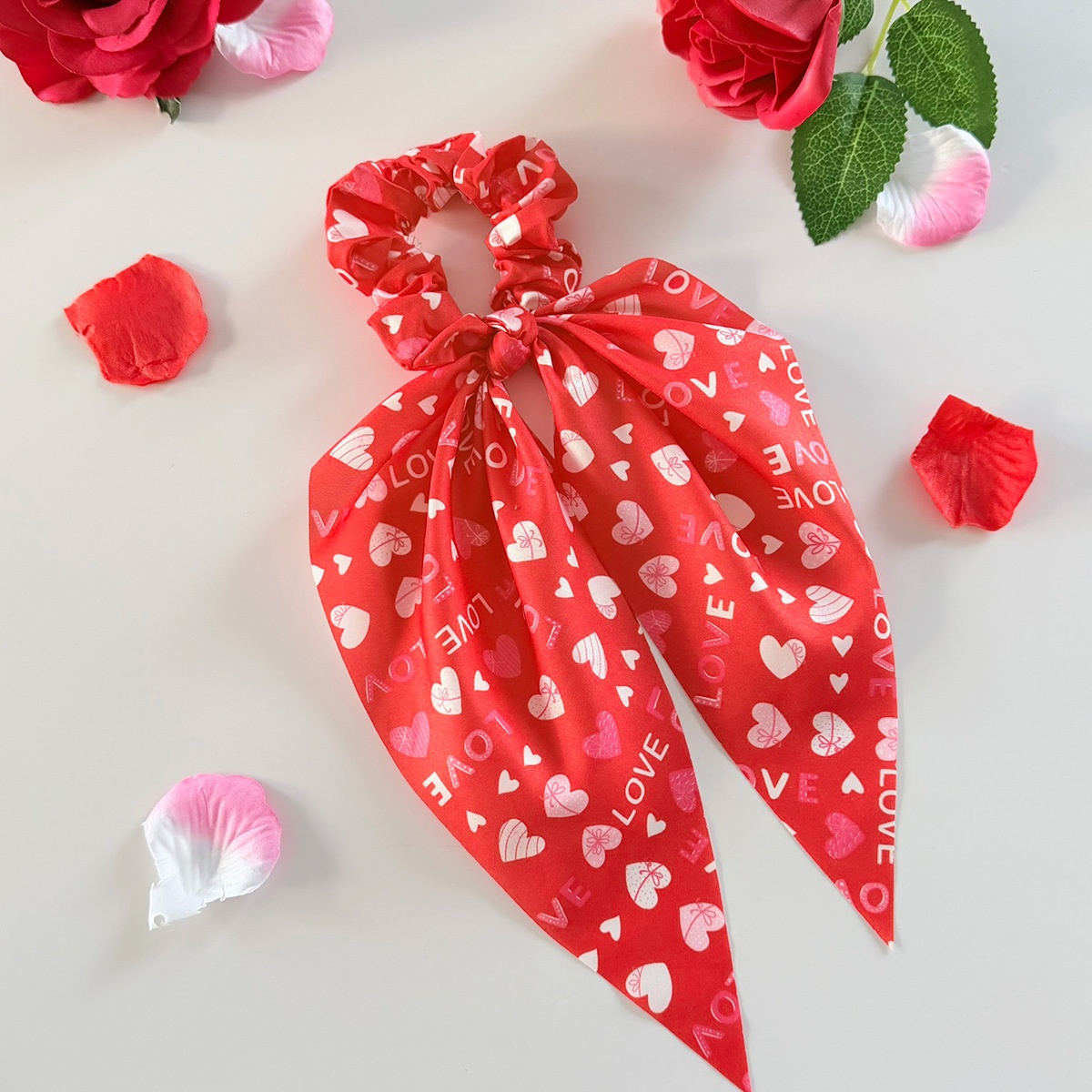 Women's Fabric Bow Hair Tie Ponytail Holder Valentine Heart Lip Print