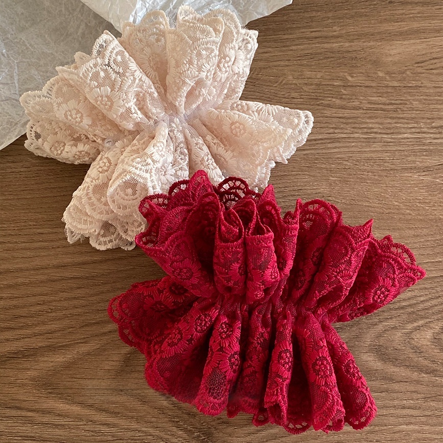 Women's French Retro Four-Layer Lace Hair Tie Wine Red Ditsy Floral Hairband