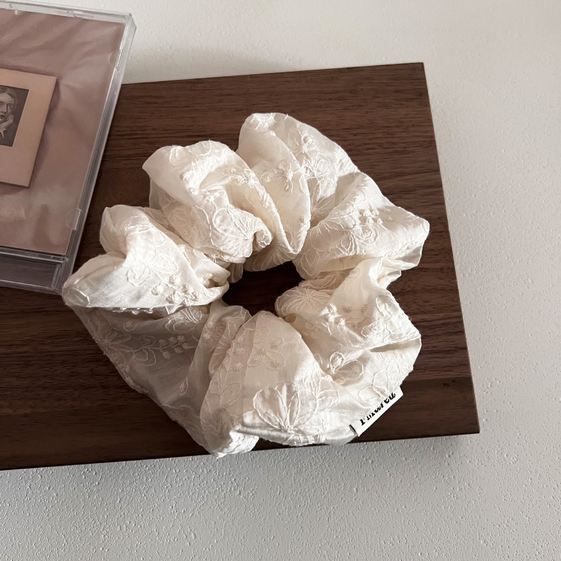 Women's Summer French Lace Scarf Hair Tie Beige Floral Embroidery