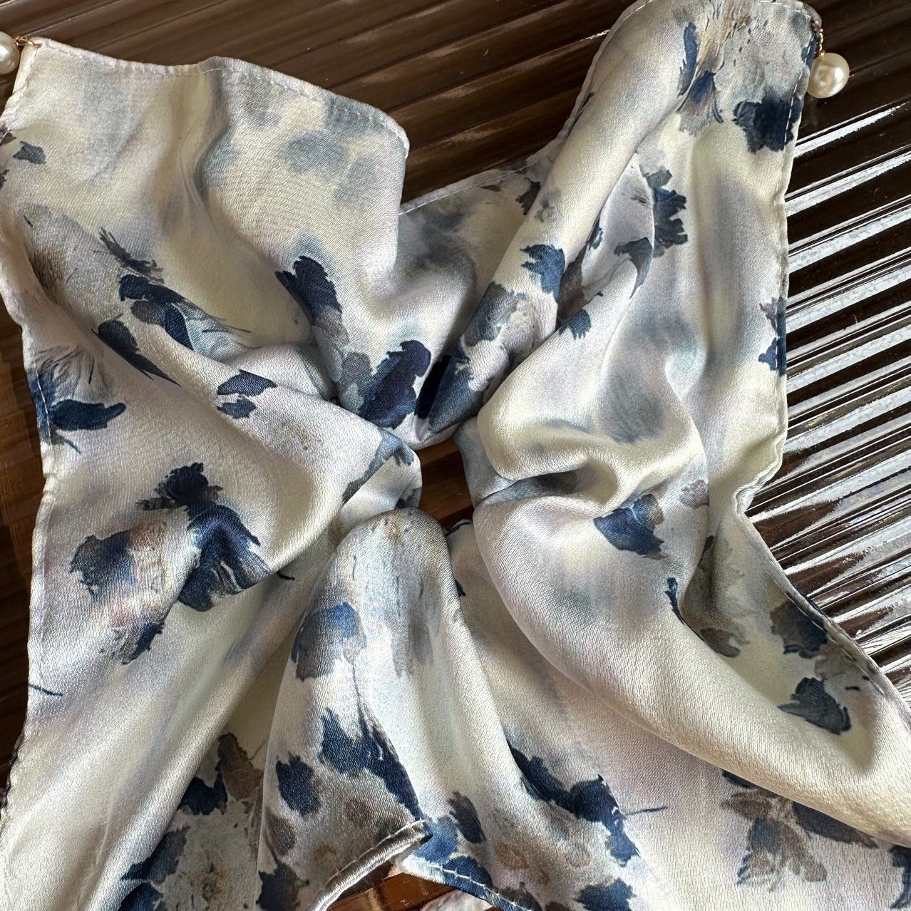 Women's Summer Cloth Hair Tie with Pearls French Tie Dye Ink Painting