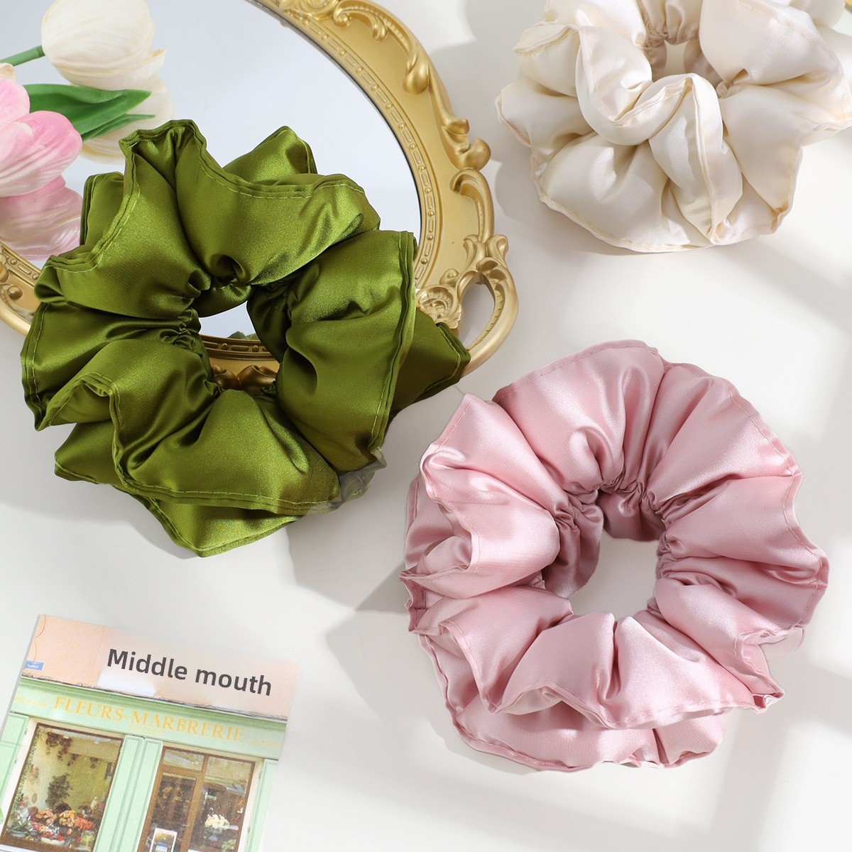 Women's Satin Flower Hair Tie French Style Large Elastic Band Solid Color