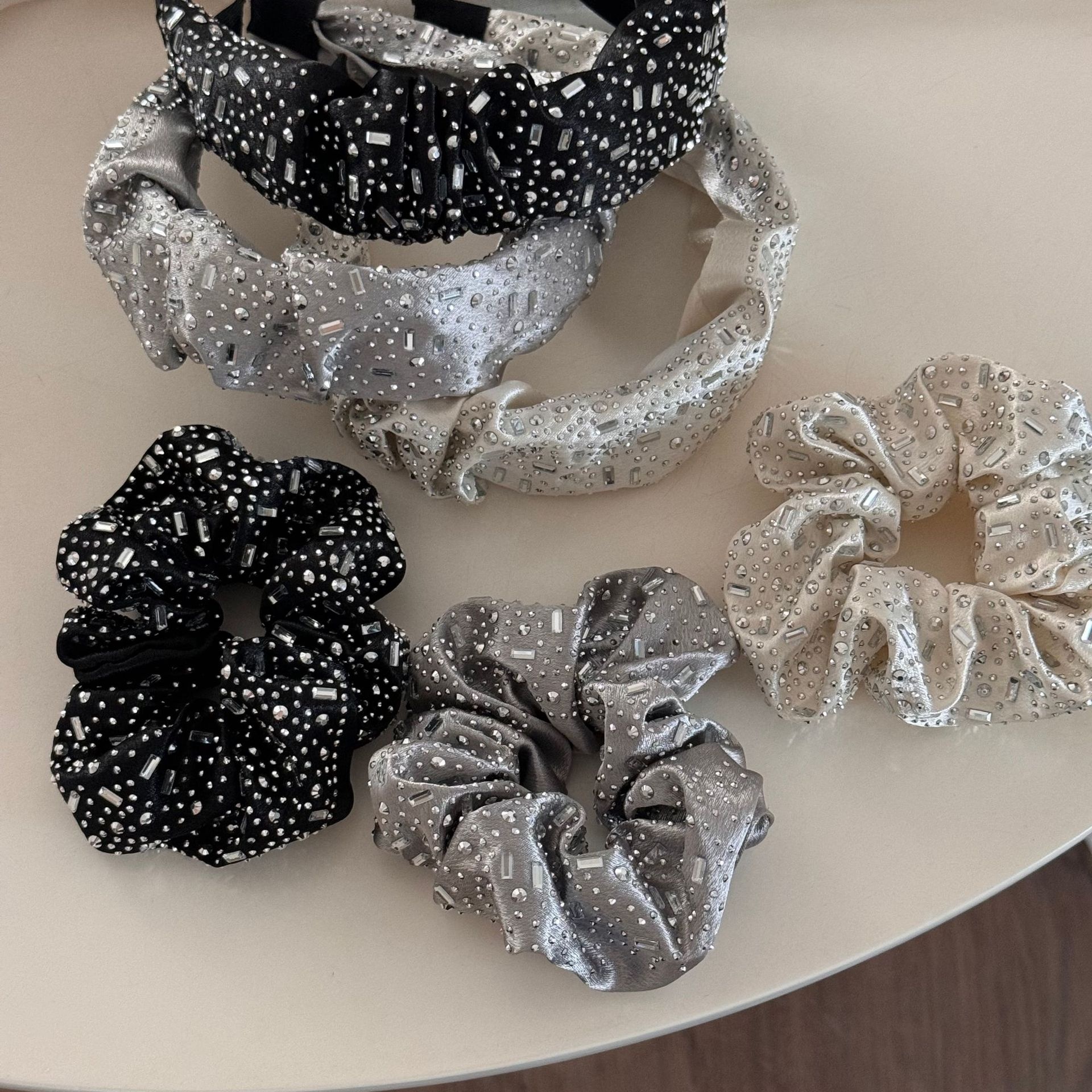 Women's Sweet Rhinestone Satin Summer Hair Tie Irregular Black