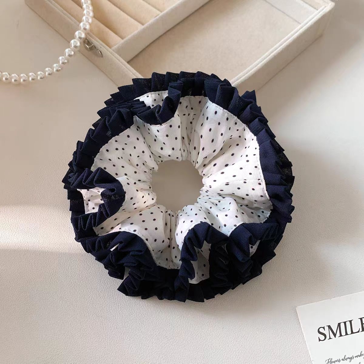 Women's Retro Spring Cotton Hair Tie Black & White Polka Dots