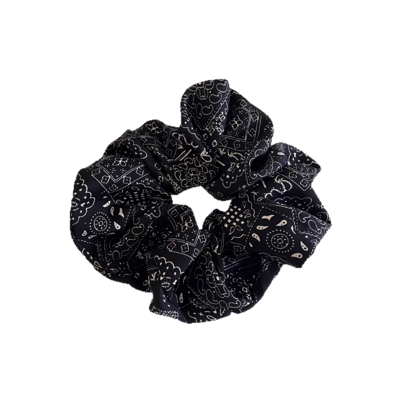 Women's Vintage Cloth Low Ponytail Scrunchie Black White Cashew Floral