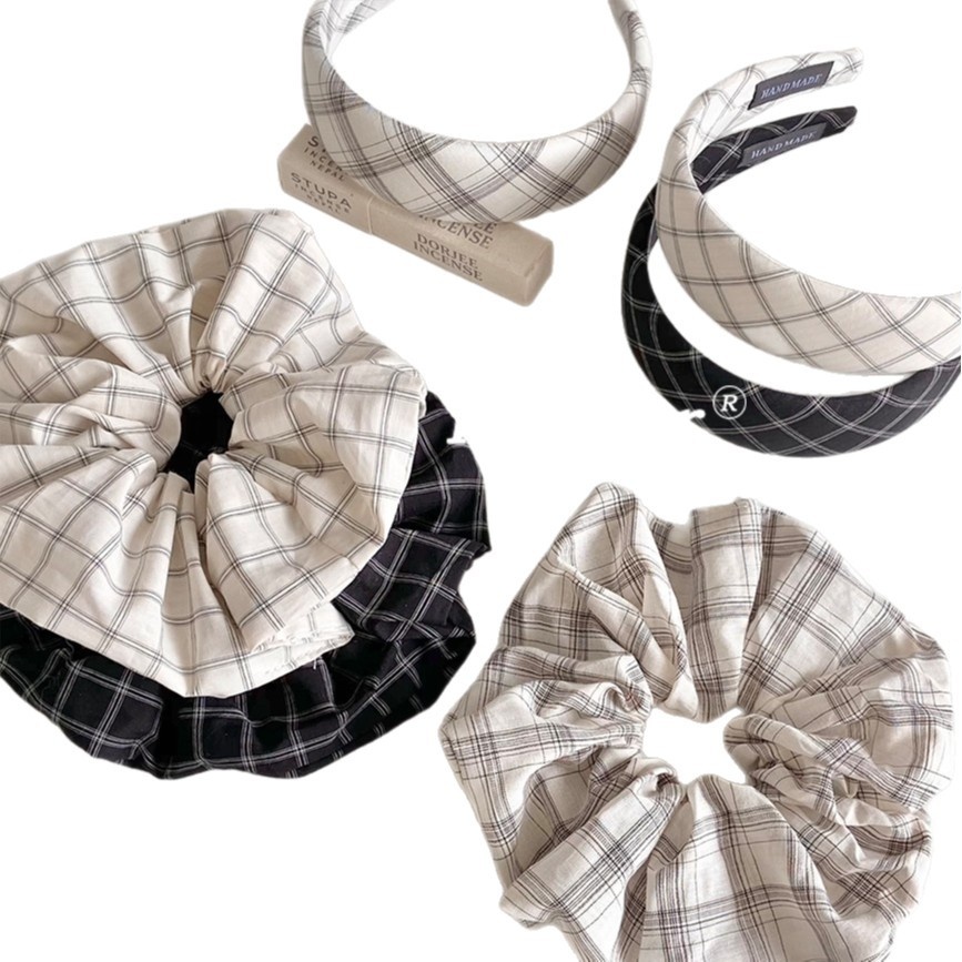 Women's Spring Casual Cloth Hair Band Tie Black And White Plaid