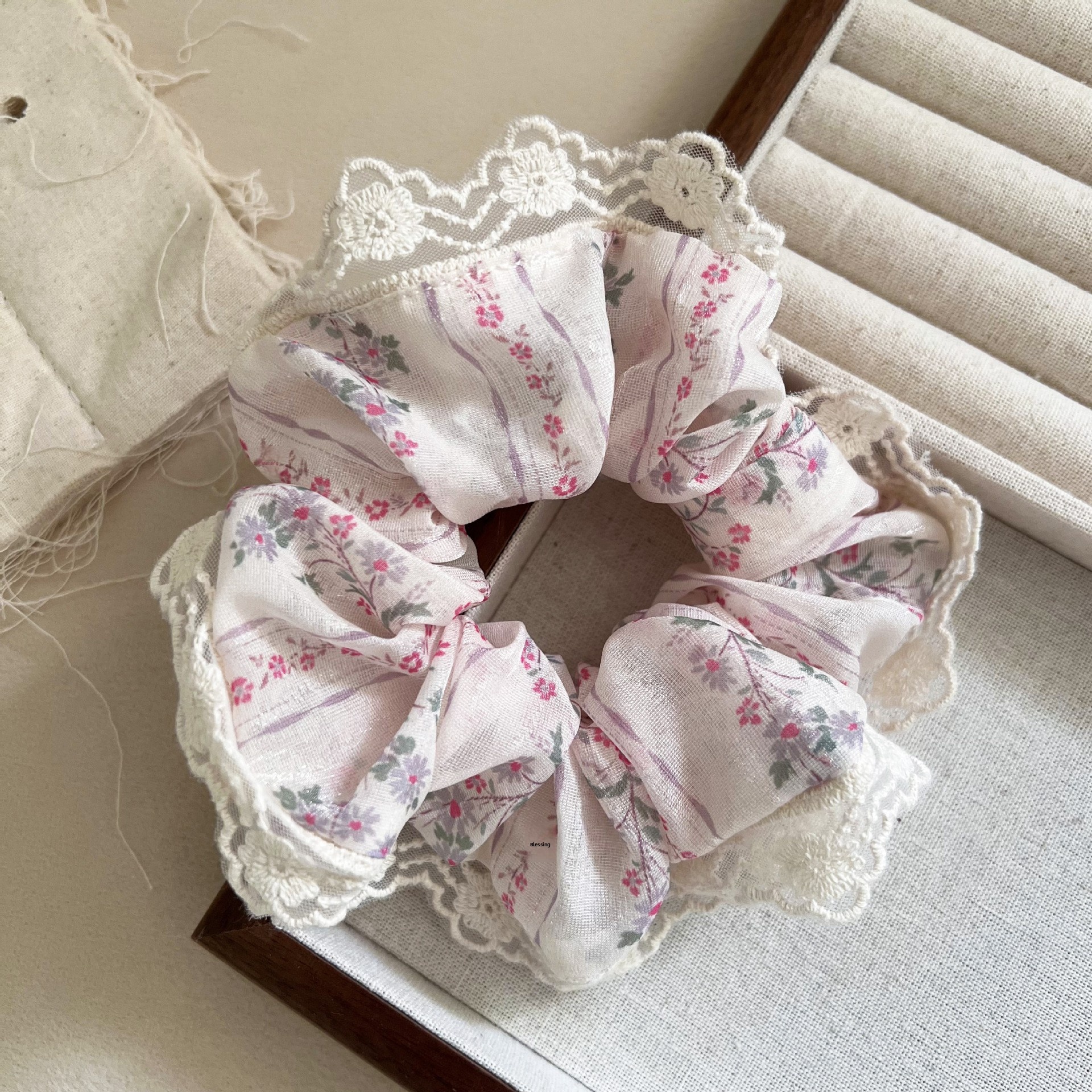 Women's French Lace Floral Elastic Headband for Ponytails and Buns