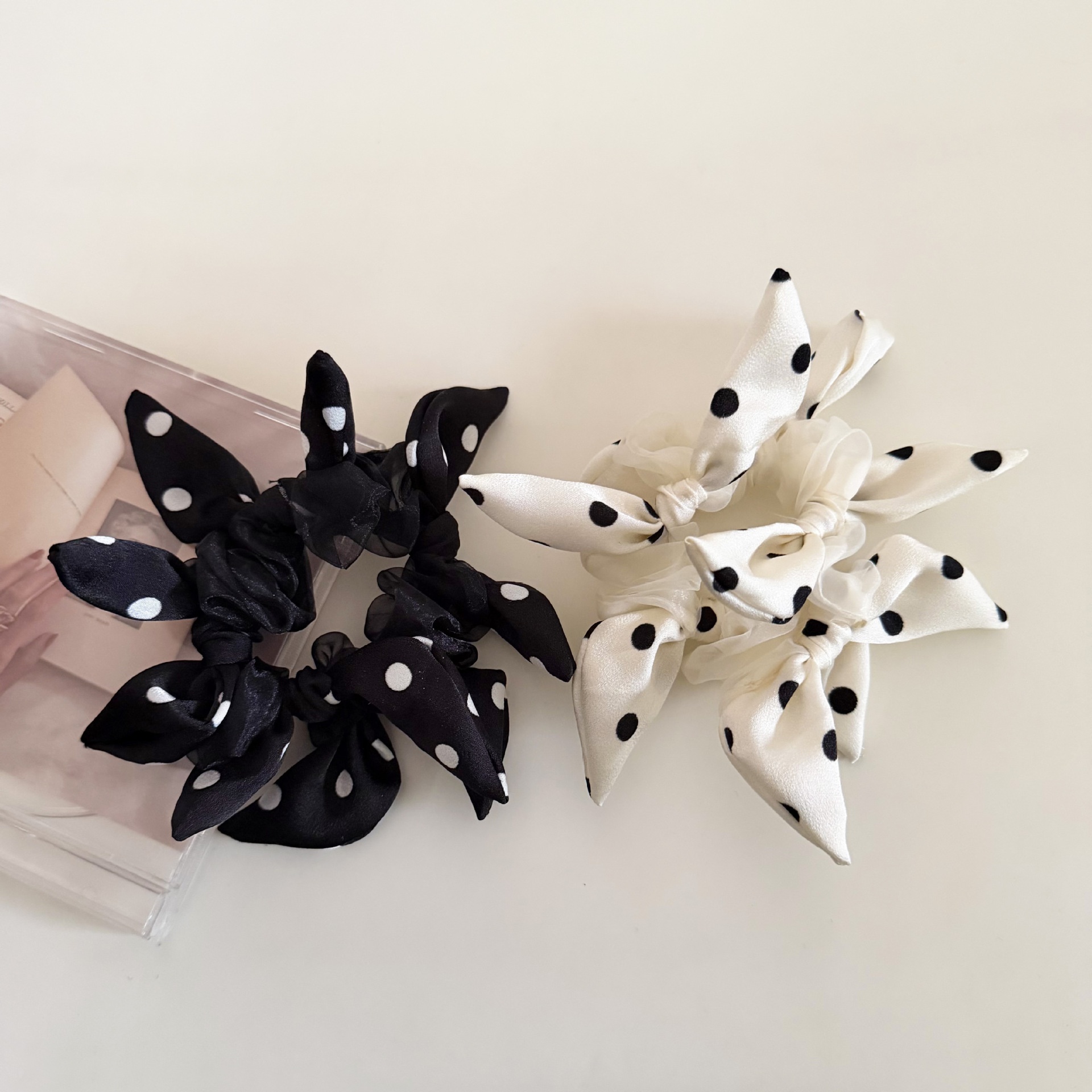 Women's Mesh Large Bowknot Hair Tie Accessory Black And White Polka Dot