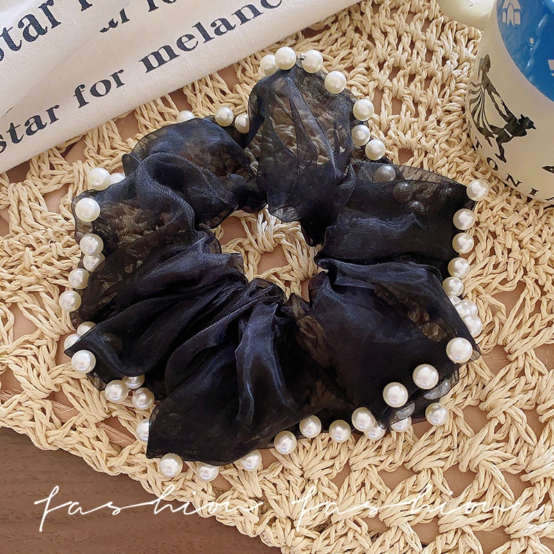 Women's Extra Large Mesh Pearl Scrunchie Bun Styling Hair Tie