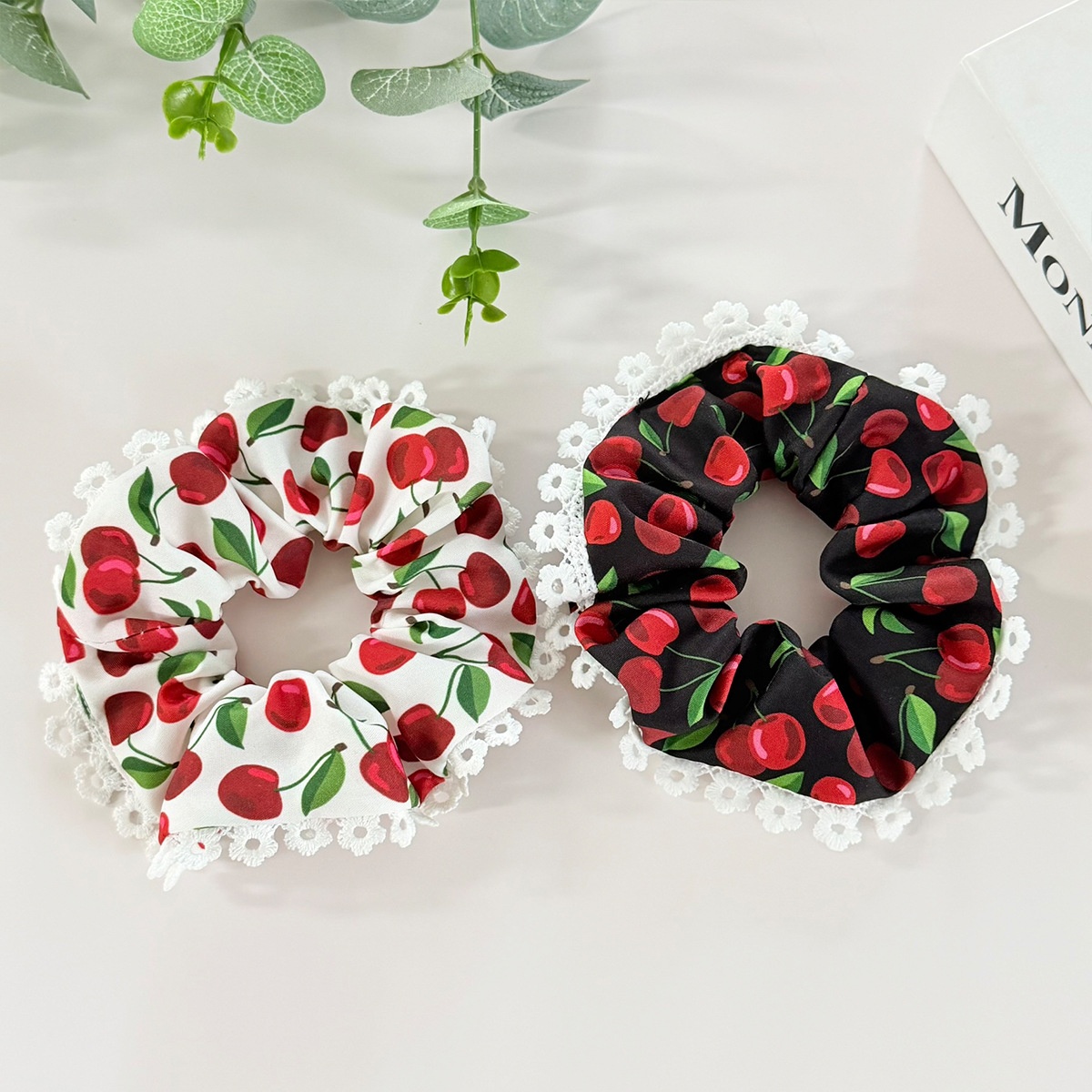 Women's Elegant Lace Cloth Hair Tie For Stylish Looks Cherry Pattern White