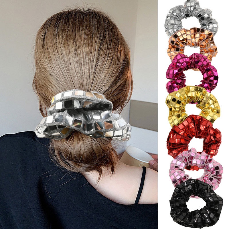 Women's High-End Fabric Scrunchies Ponytail Holder Hair Bands Silver