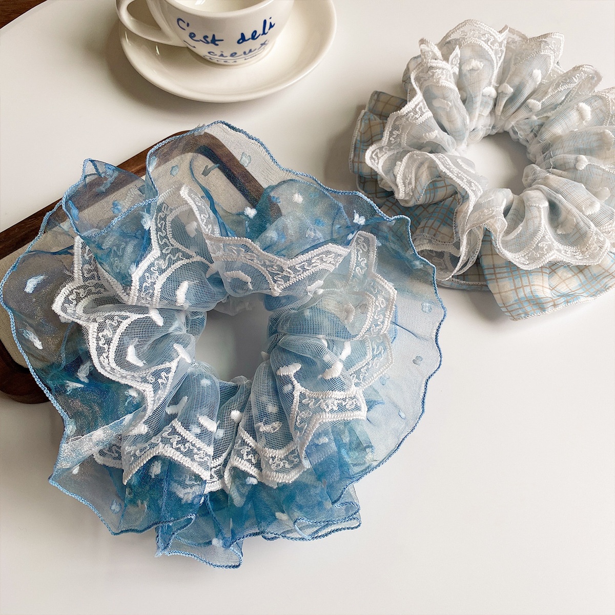 Women's Boho Summer Mesh Lace Bow Elastic Hair Tie Blue Heart Pattern