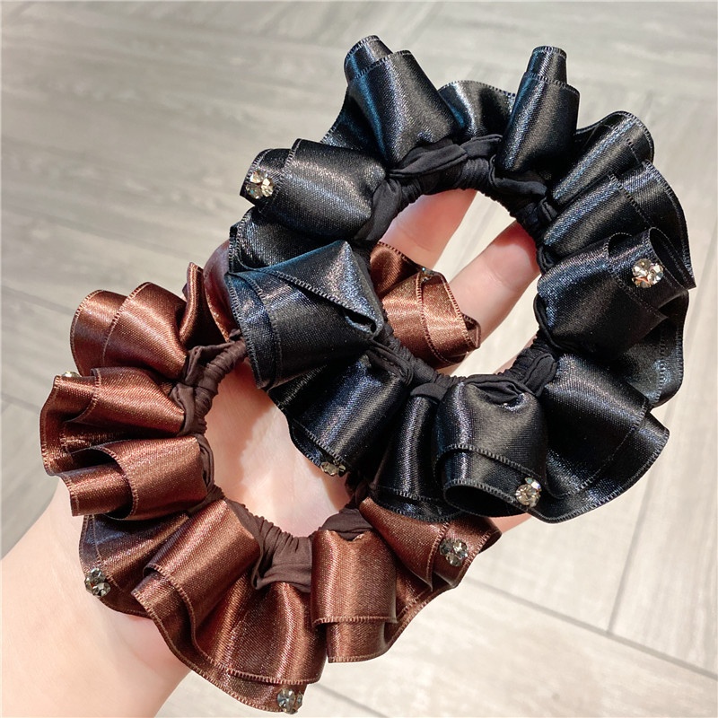 Women's Elegant Low Bun Elastic Hair Ties Satin Diamond Embellished