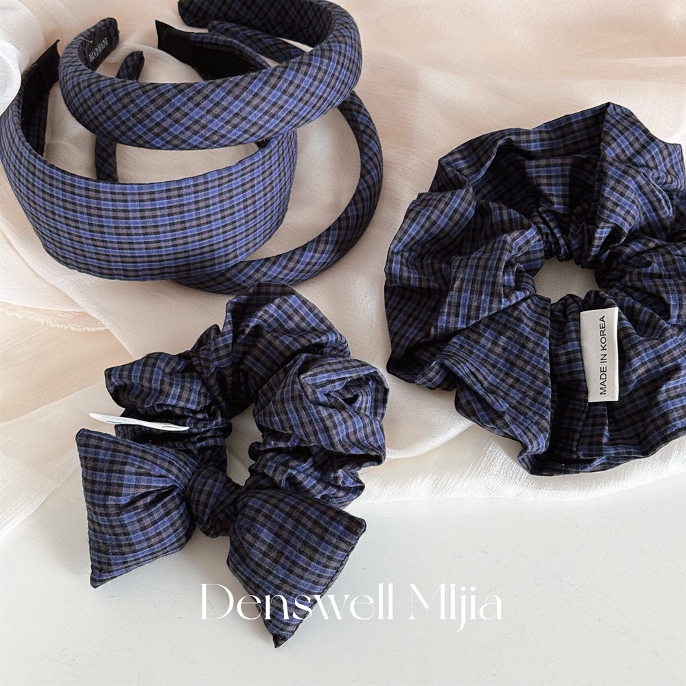 Women's Summer Cotton Bowknot Hair Accessories Navy Blue Plaid