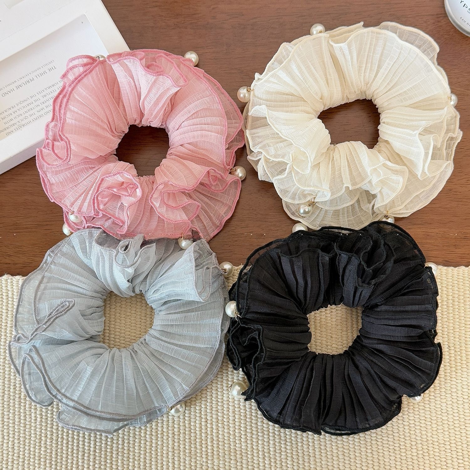 Women Summer Fairy Pearl Mesh Flower Scrunchie Hair Tie Solid Color