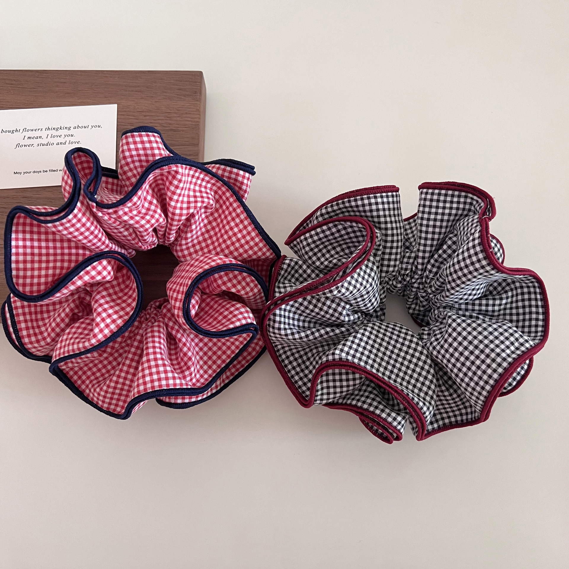 Women's Four-Layer Cloth Ball Hair Tie Hairband Color-Block Plaid