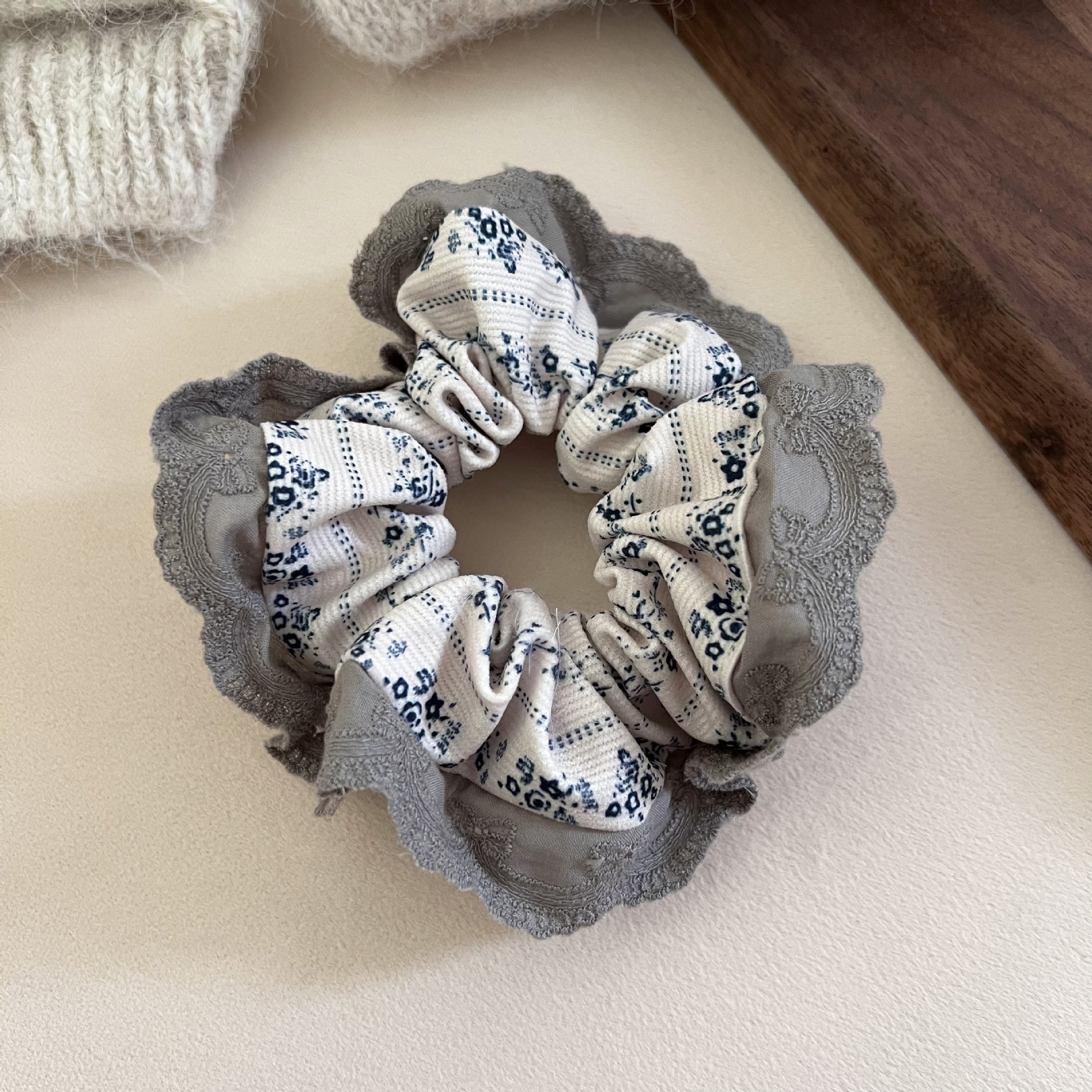 Women Sweet Soft Cloth Hair Tie Blue Ditsy Floral Print Spring
