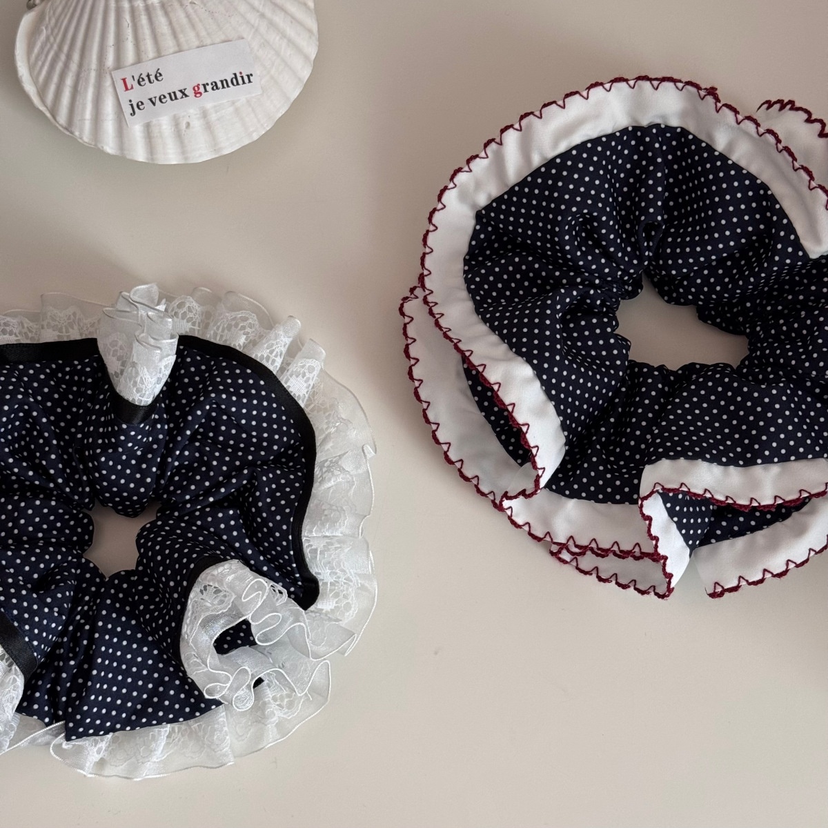 Women's Daily French Style Soft Cloth Hair Tie Navy Blue Polka Dots