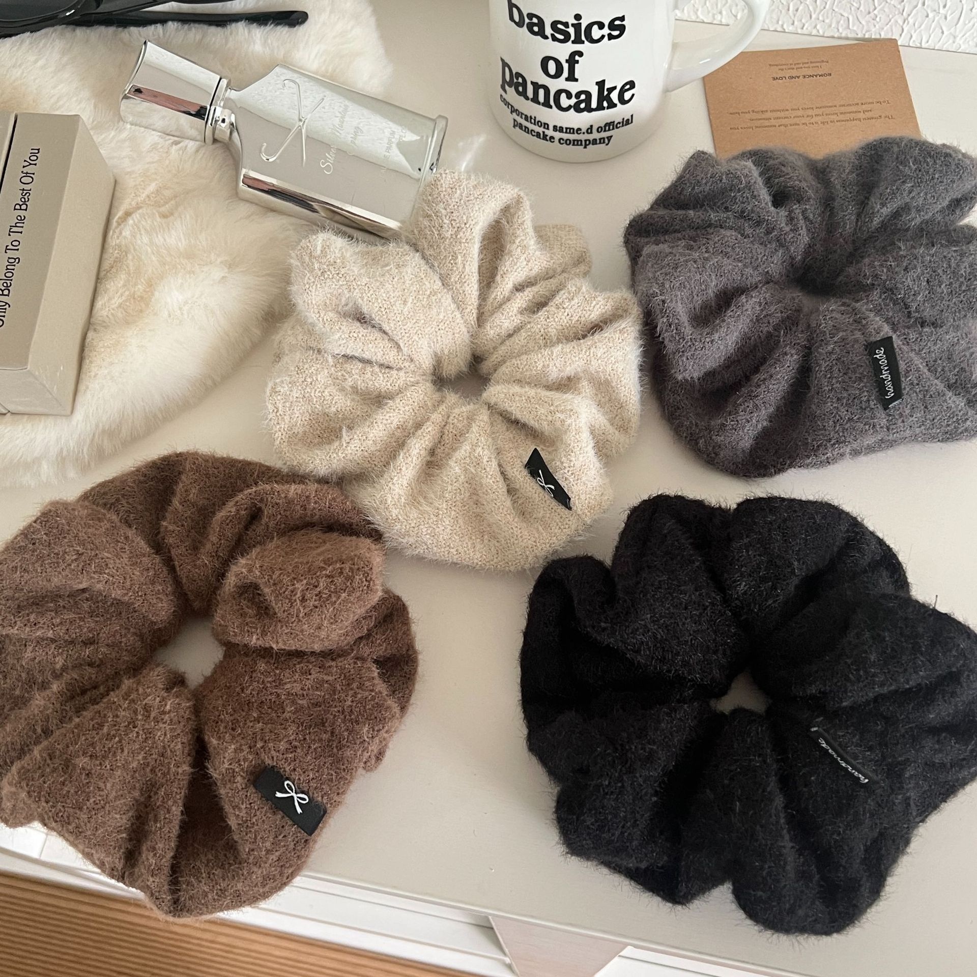 Women's Autumn Winter Plush Bowknot Hair Tie Scrunchie Brown Grey Black