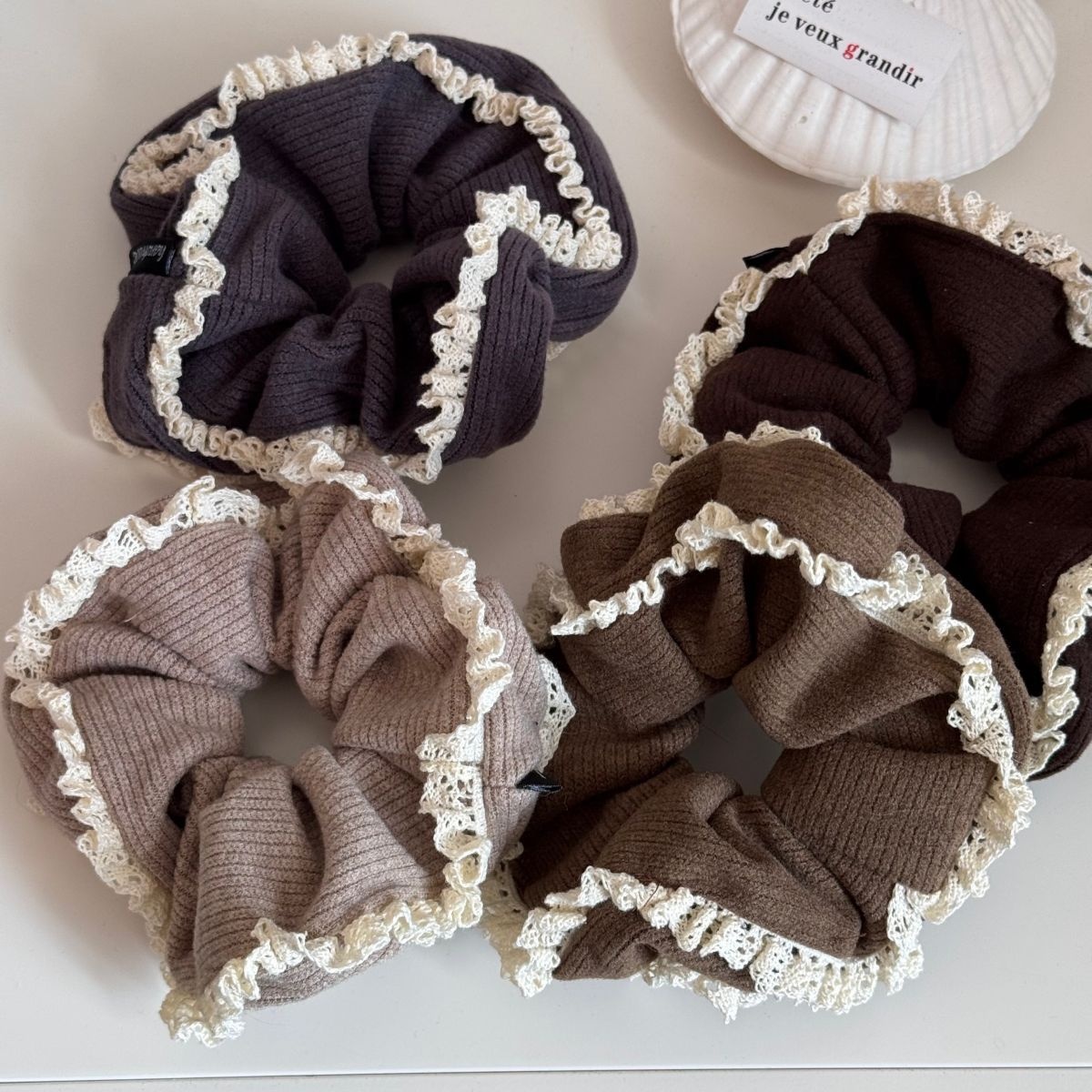 Women Casual Knitted Elastic Hairband Double Layer Lace Edge Solid Color