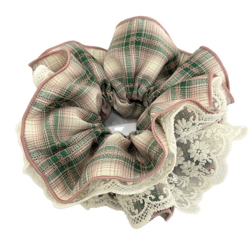 Women's Spring Cloth Hair Scrunchies Sweet Pink Checkered Plaid Lace