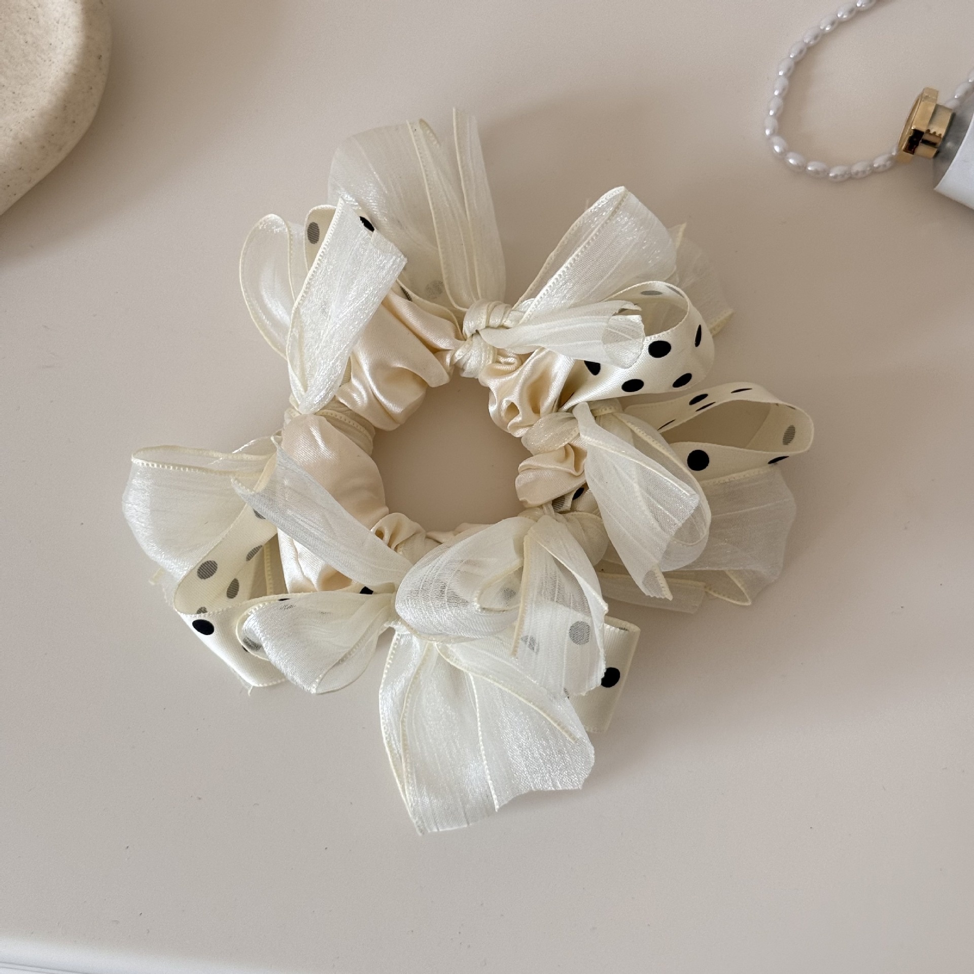 Women's Spring Polyester Bow Knot Hair Tie Accessory, Black Polka Dots