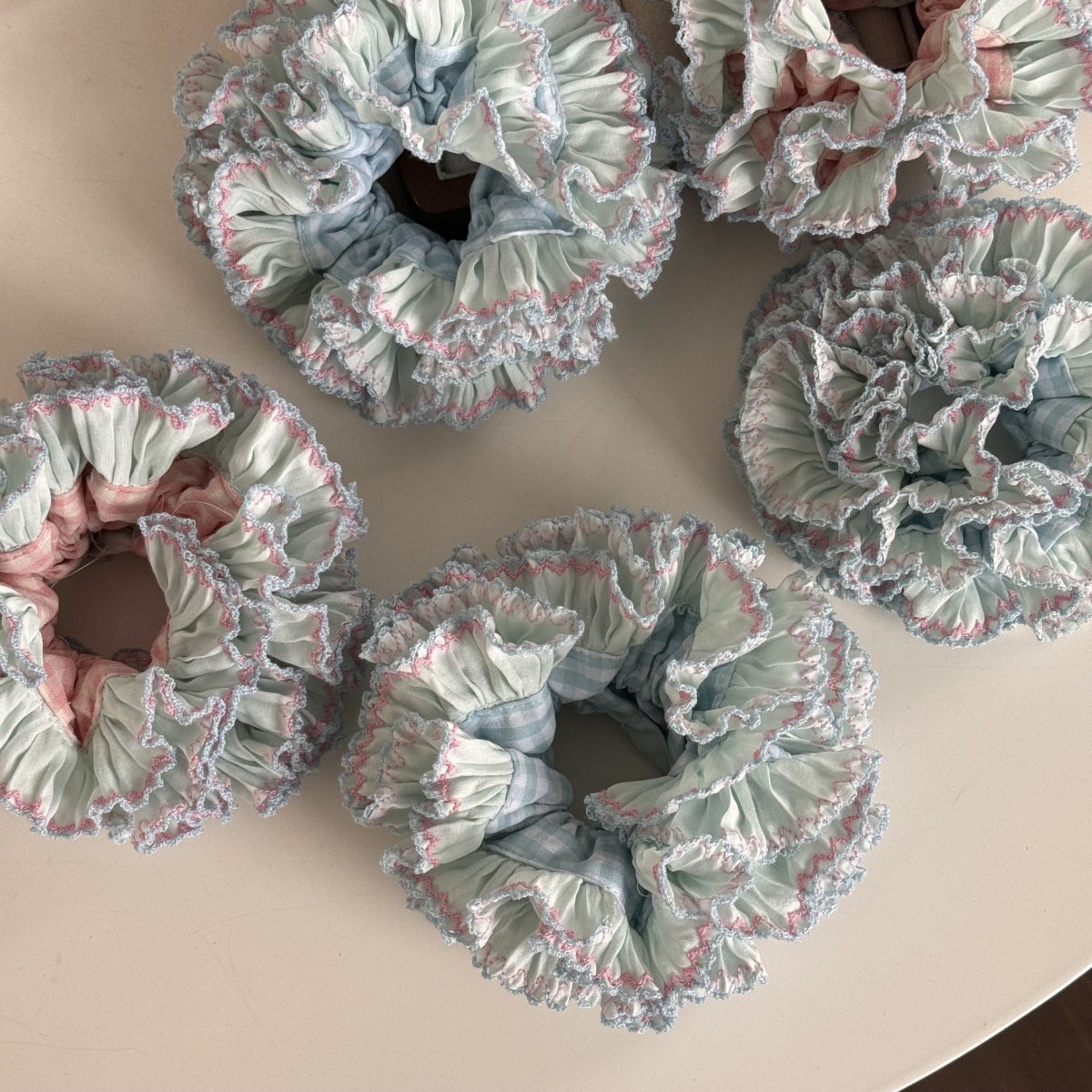 Women Daily Vintage Ruffled Bow Cloth Hairband Plaid Pink Blue