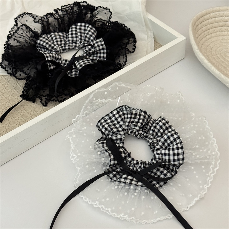 Women's Stylish Cloth Bowknot Hair Scrunchies Black White Checkered Lace