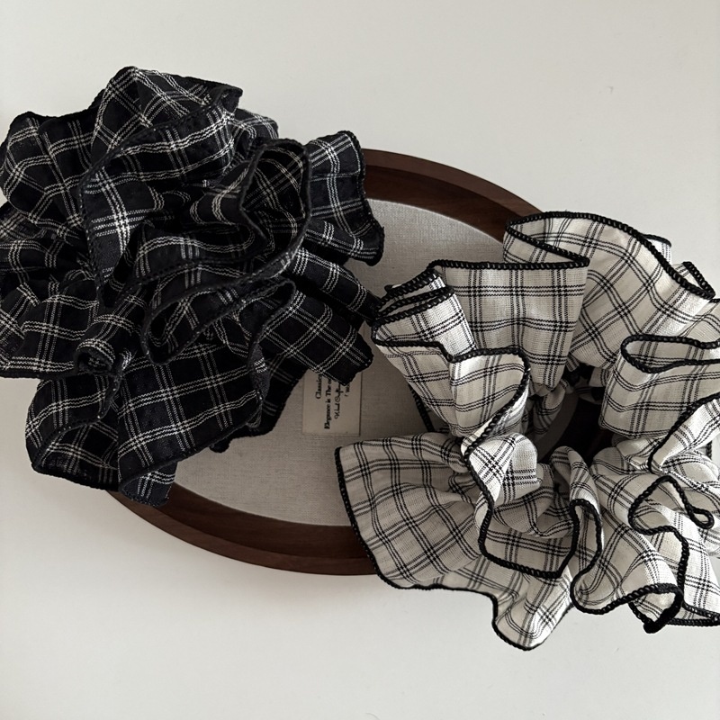 Women's Large 4-Layer Fabric Hair Tie For Daily Wear Plaid Khaki Beige Black