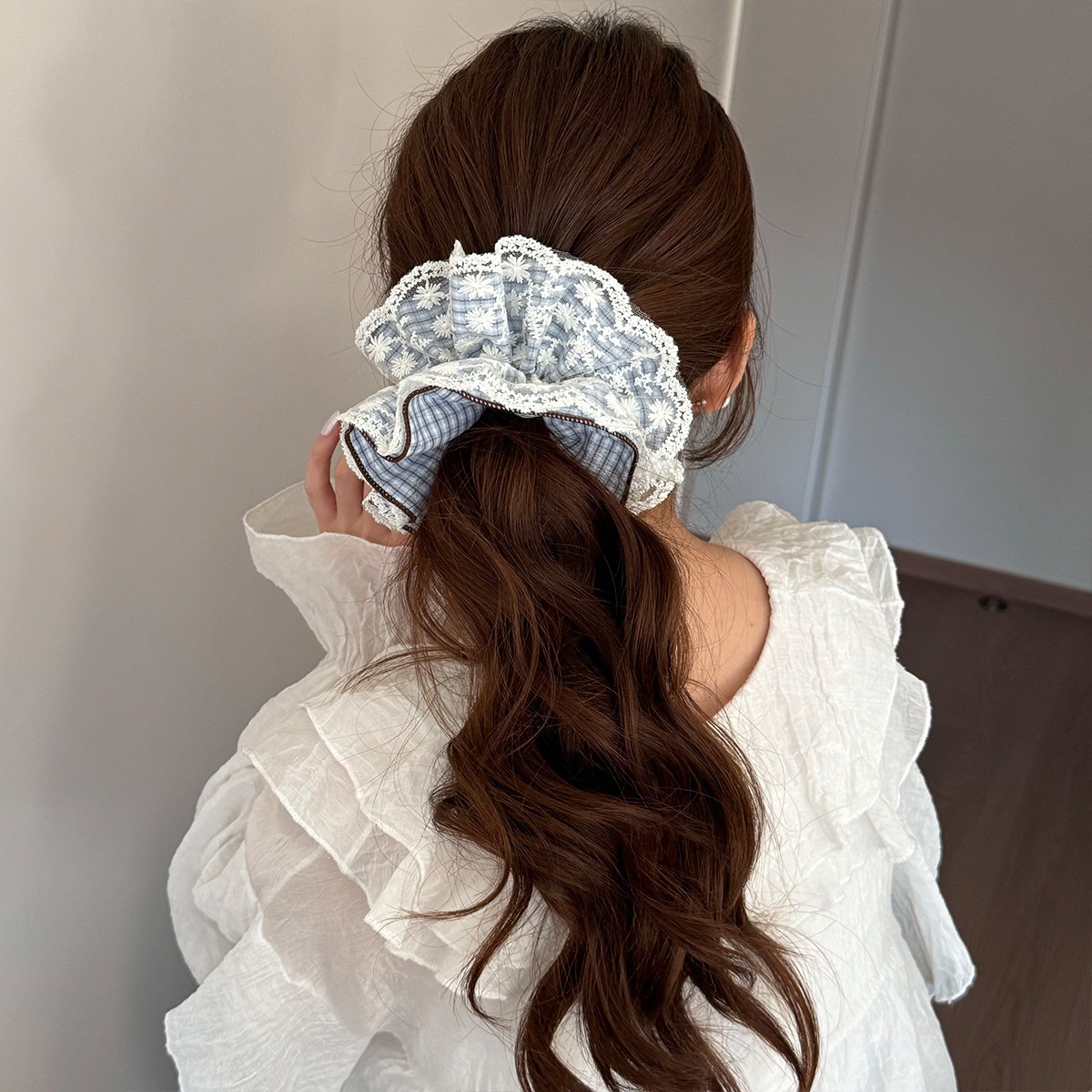 Women's Spring Cloth Scrunchie Hair Tie Blue Plaid Lace