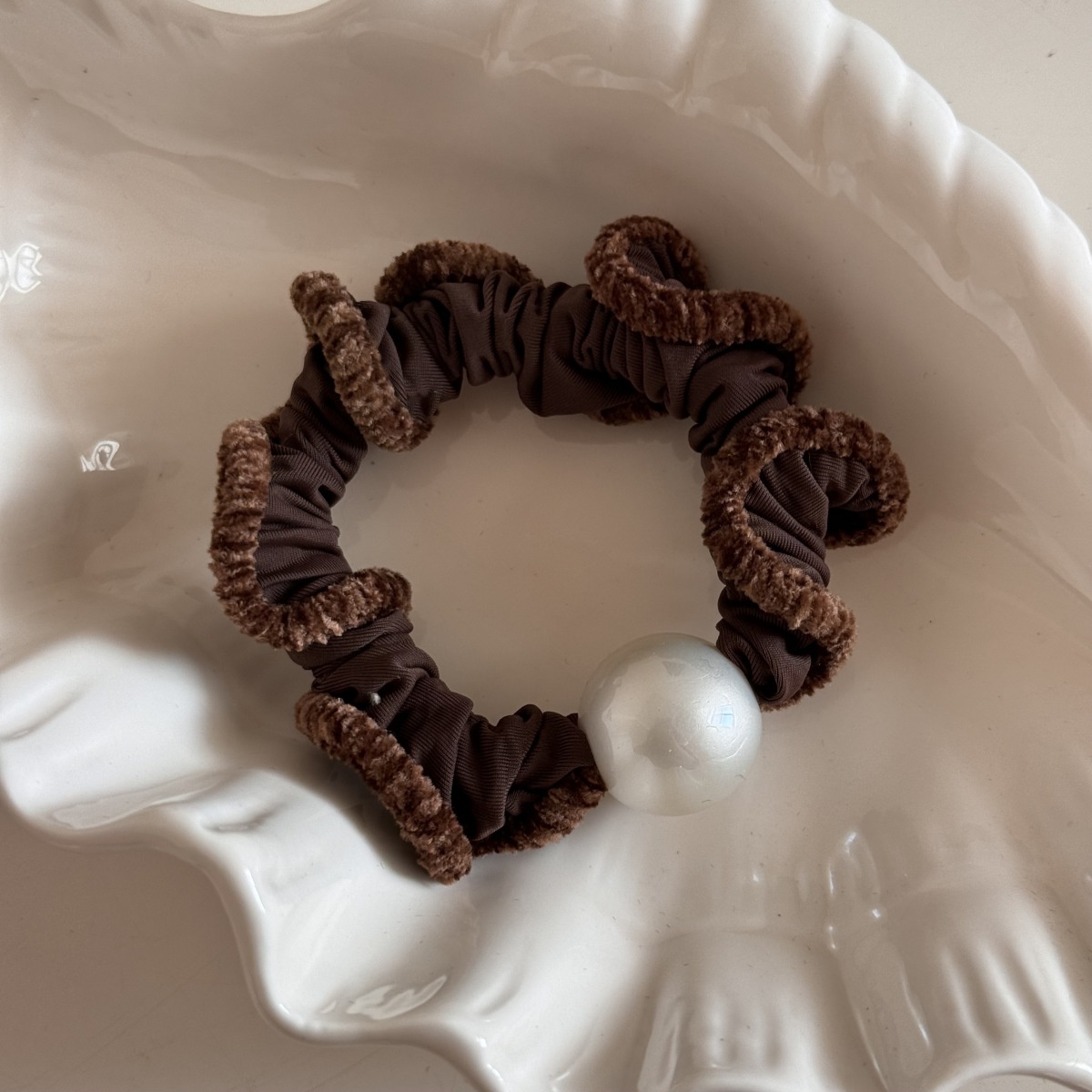 Women's Winter Plush Bow Hair Tie Pearl Khaki Coffee Beige Black