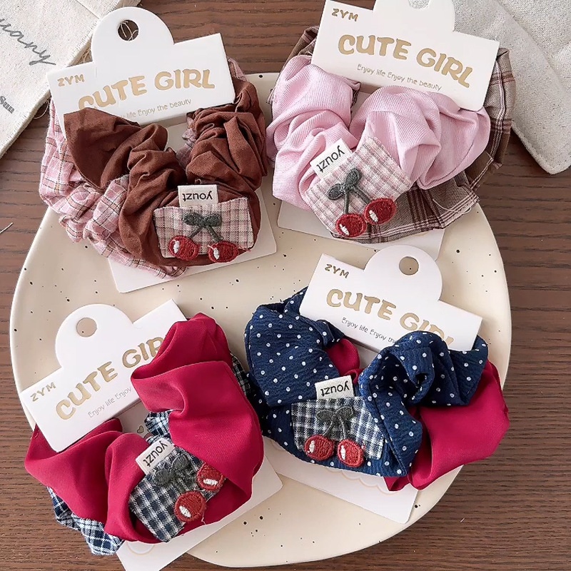 Girls Versatile Retro Fabric Elastic Hair Ties Set Plaid & Solid Color