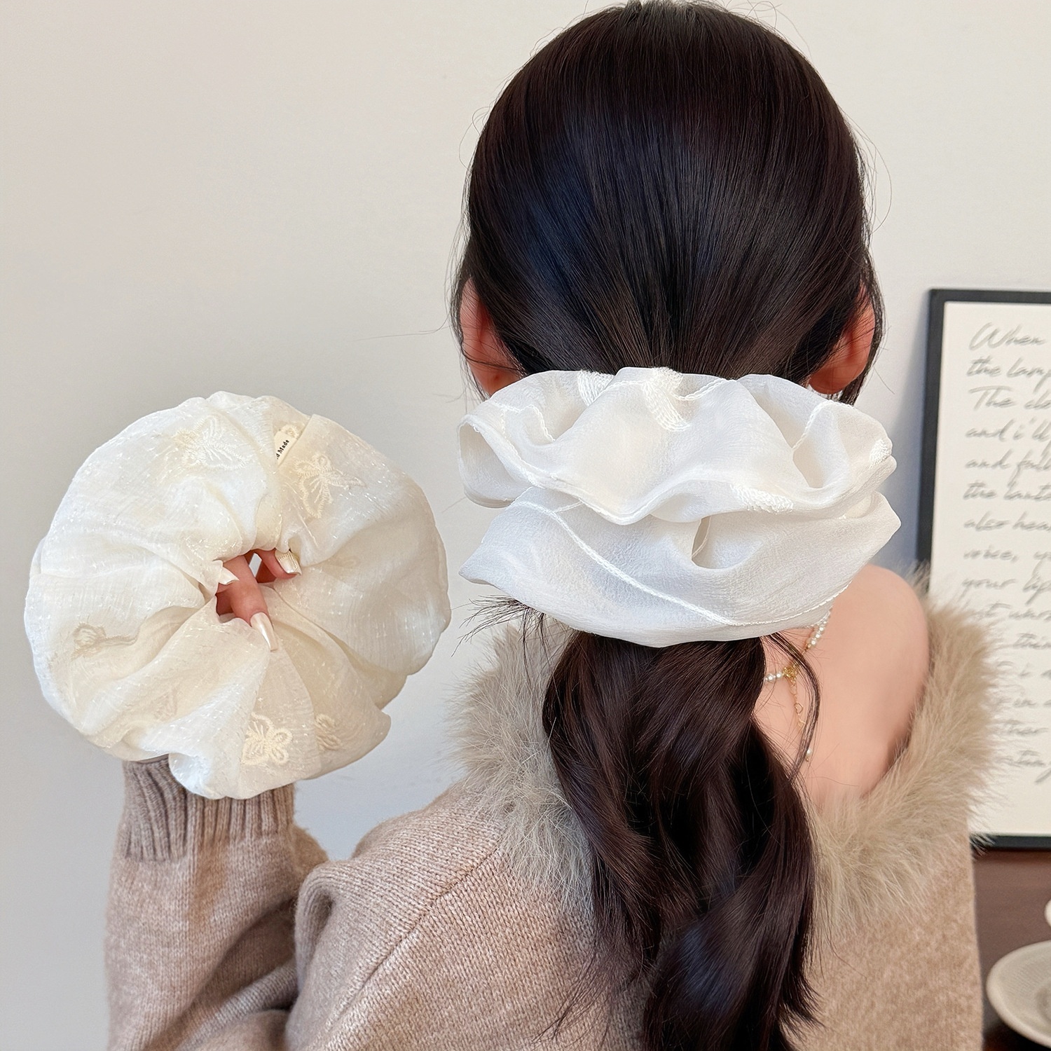 Women's Spring Soft Gauze Hair Tie Beige Floral Butterfly Embroidery