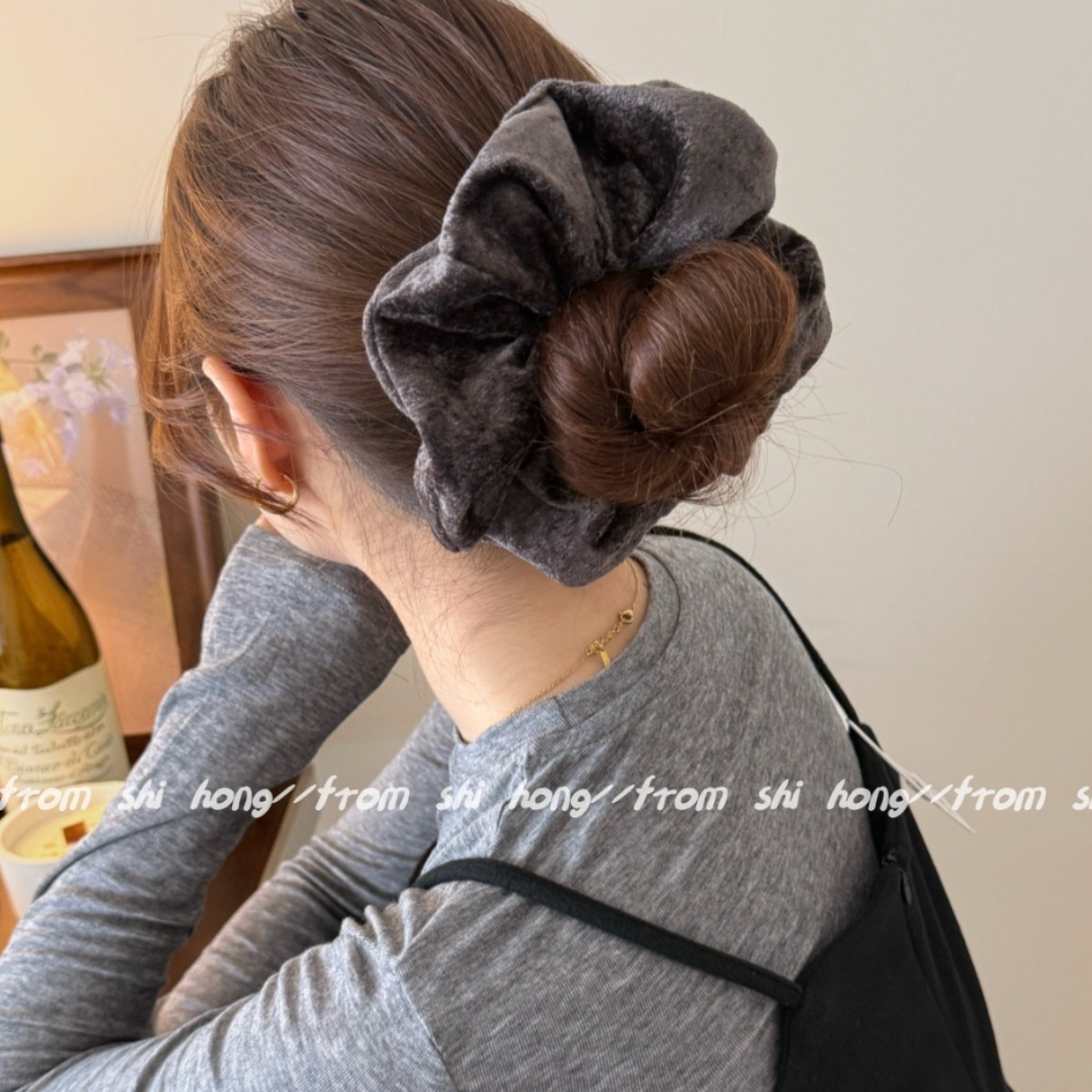 Women's Retro Flannel Hair Tie For Autumn & Winter Solid Black