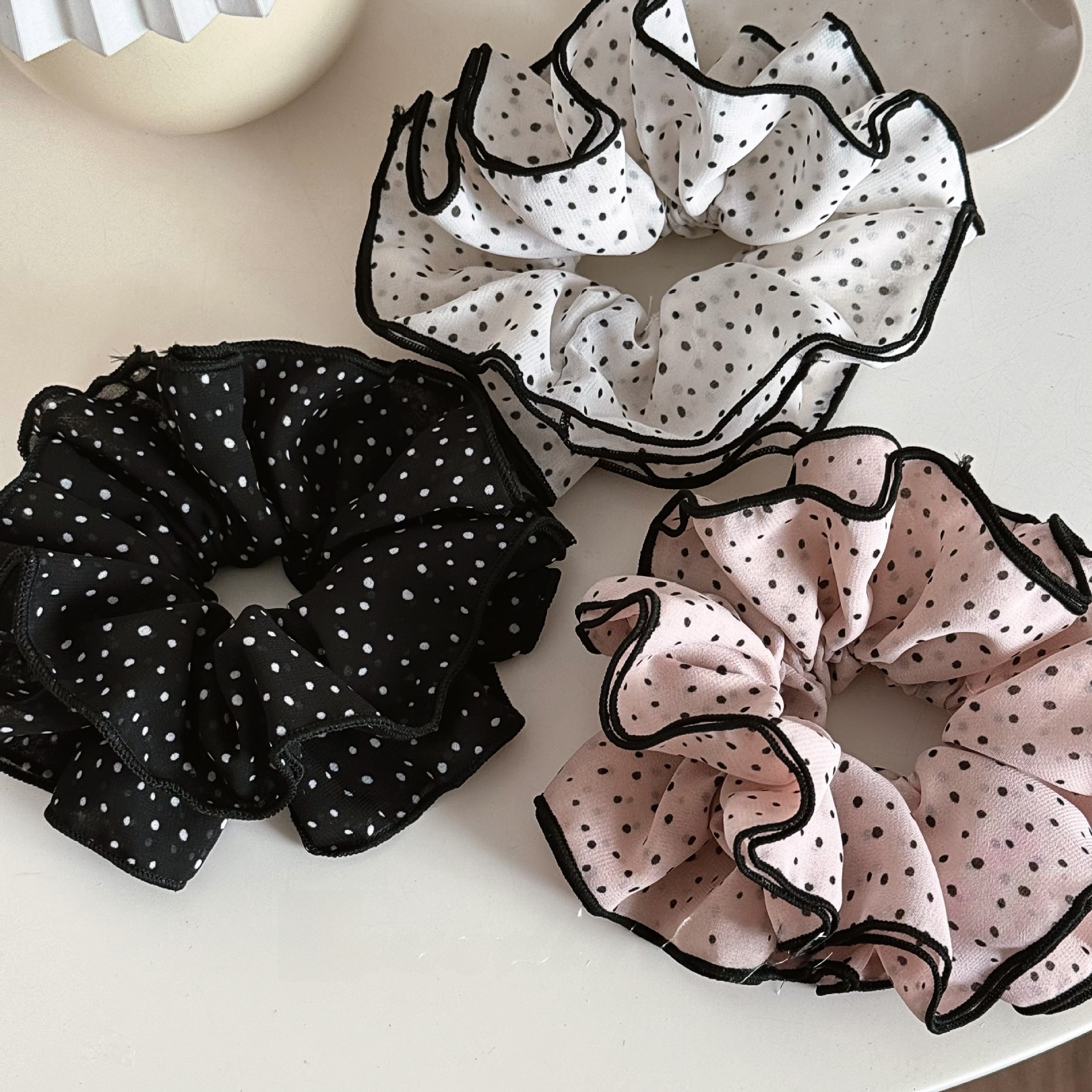 Women's Everyday Soft Cloth Scrunchie Hair Tie Black Polka Dots Pattern