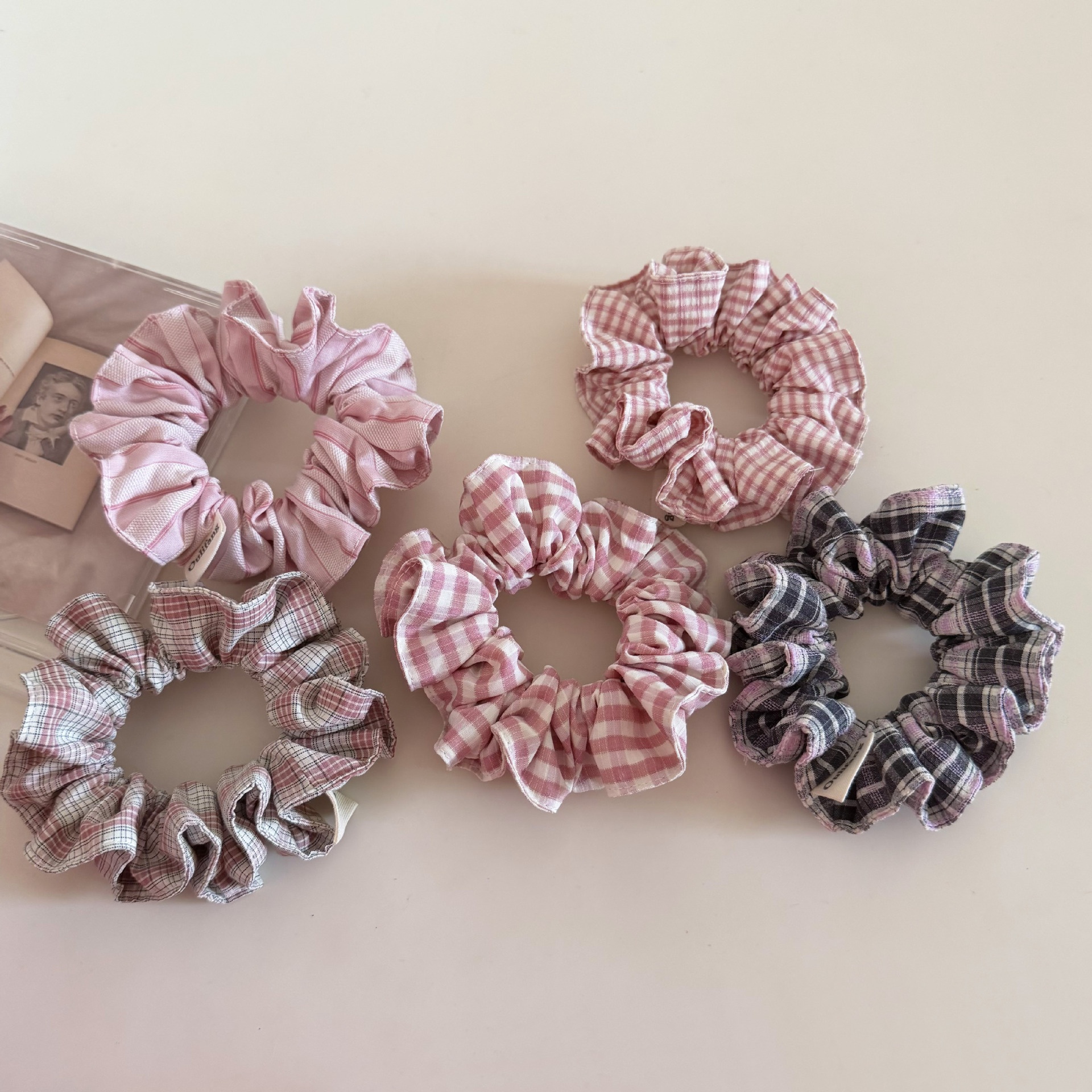 Women's Stylish Cloth Daily Hair Scrunchie Pink Checkered Plaid