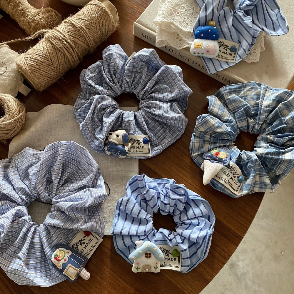 Women's Cute Summer Fabric Hair Tie Blue Cartoon House Pattern