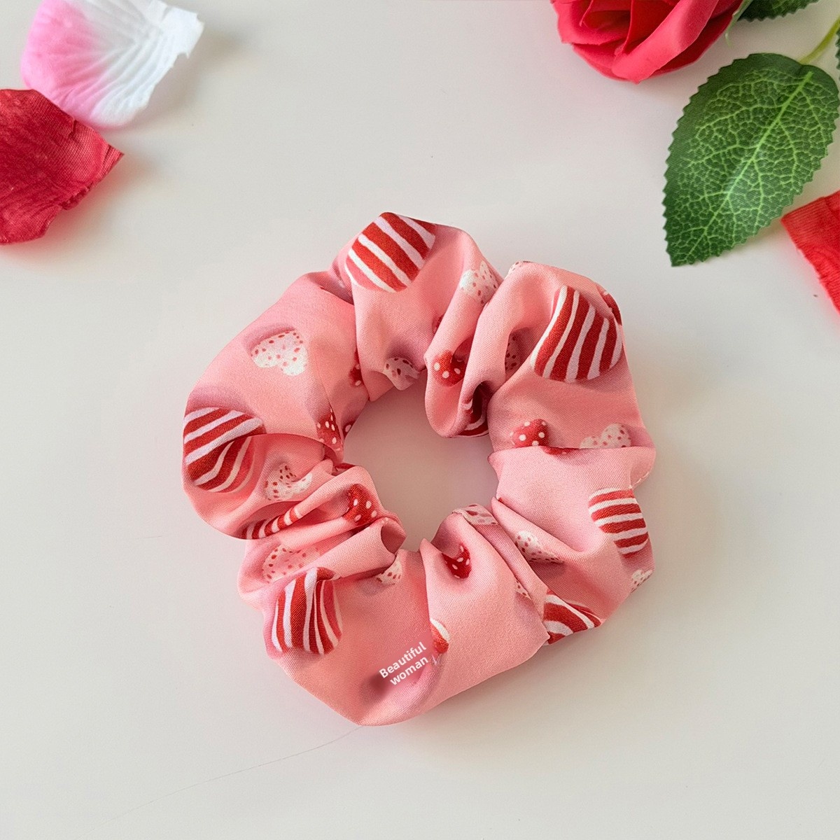 Women's Elastic Fabric Large Bow Hair Tie Valentine Candy Heart Print