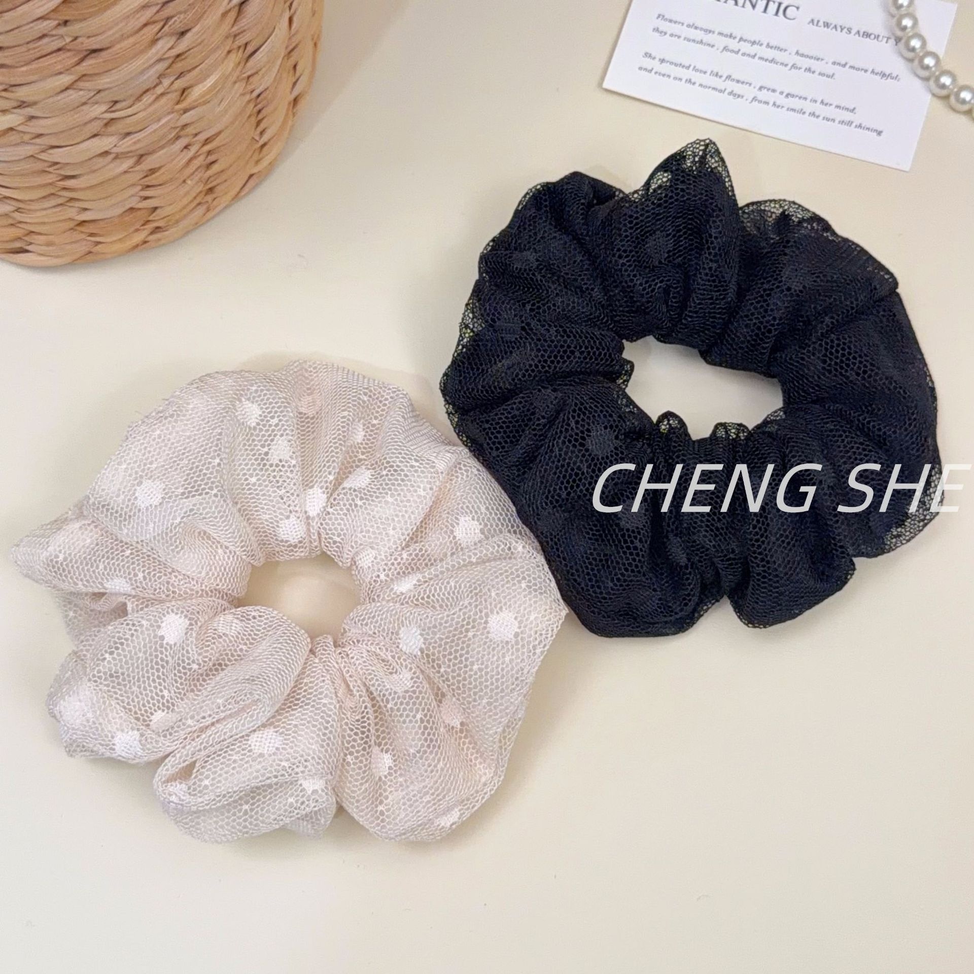 Women's Elegant Spring Soft Gauze Hair Tie Beige Polka Dots