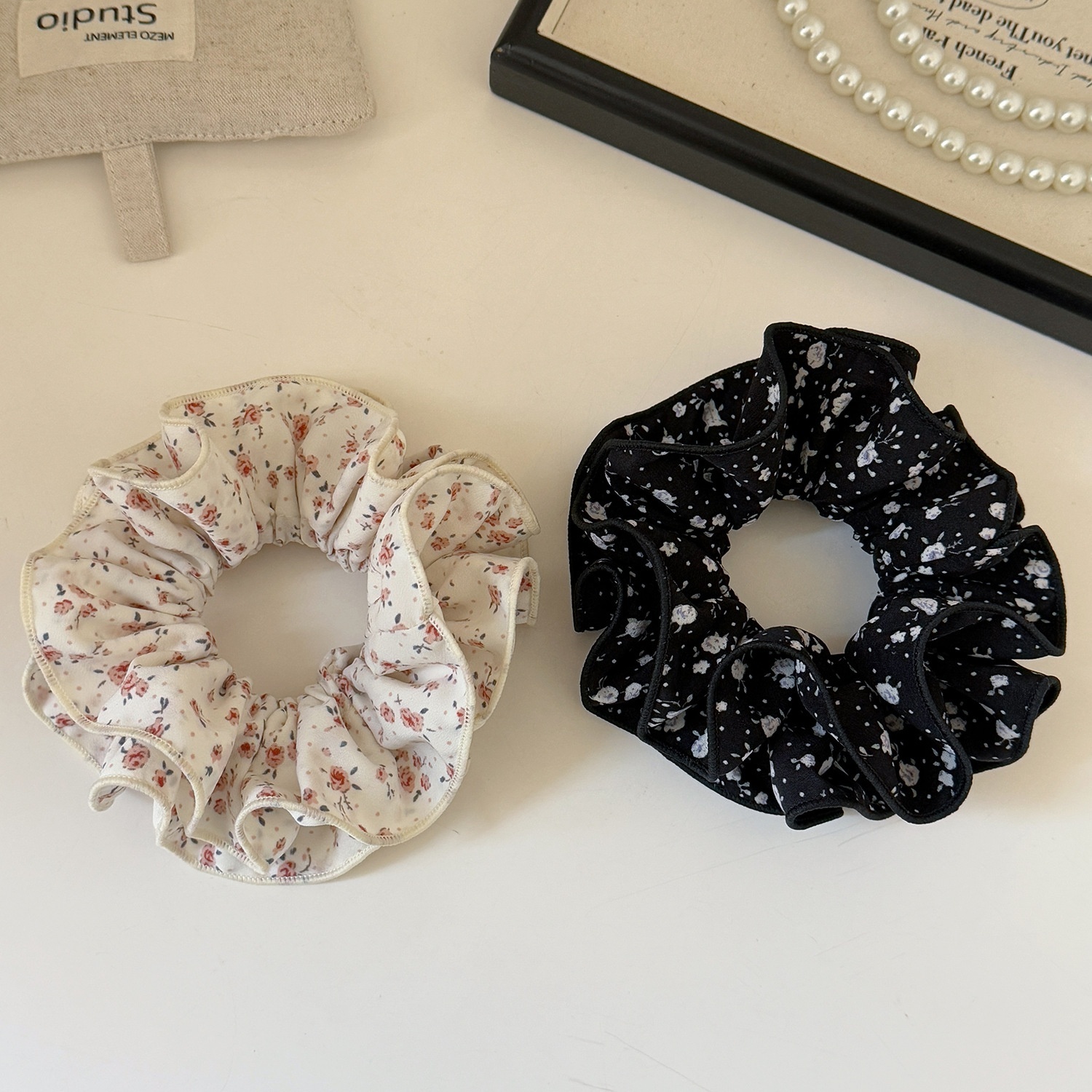 Women's Spring Summer Cloth Hair Tie Accessory Black Ditsy Floral