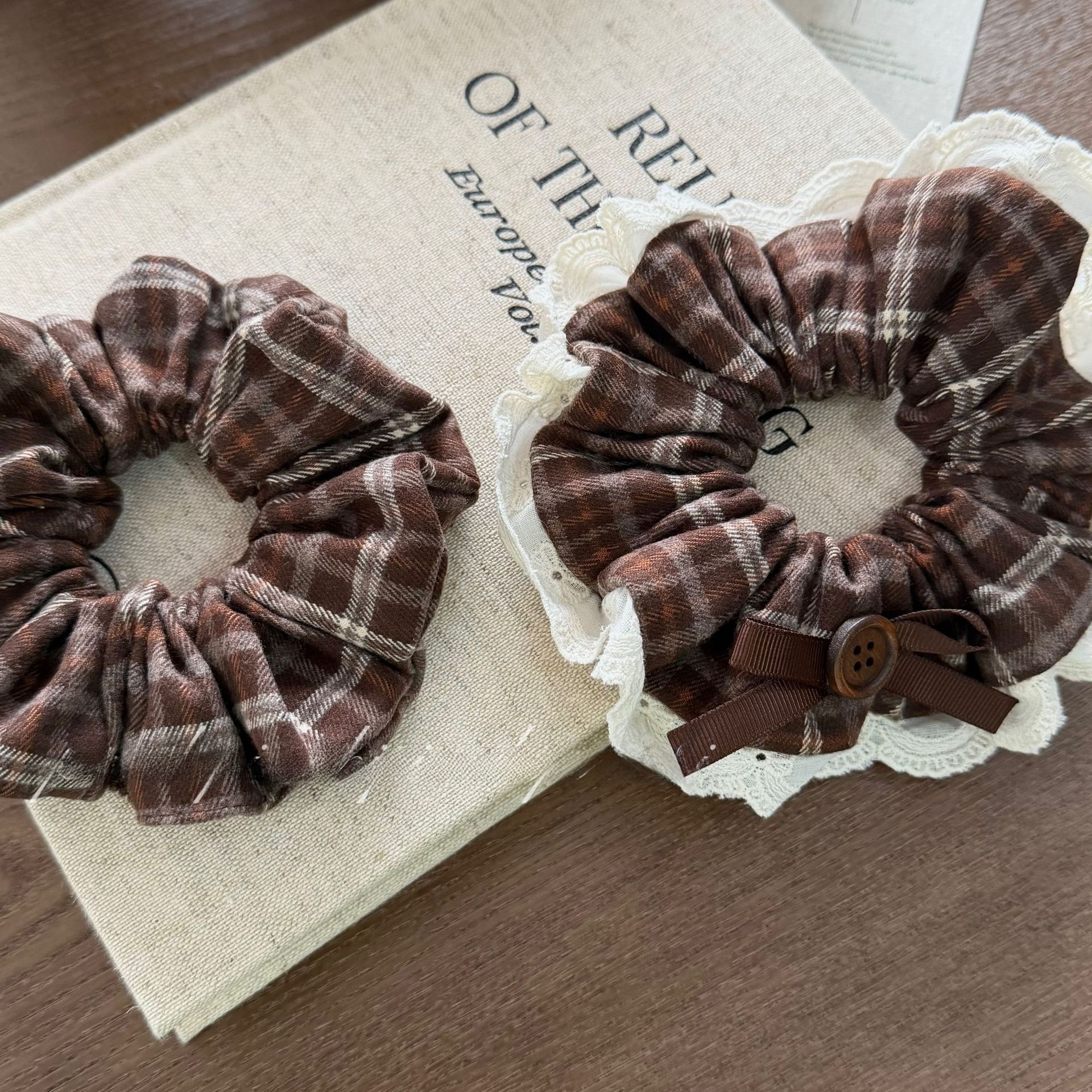 Women's French Style Autumn Winter Cloth Hair Tie Coffee Plaid