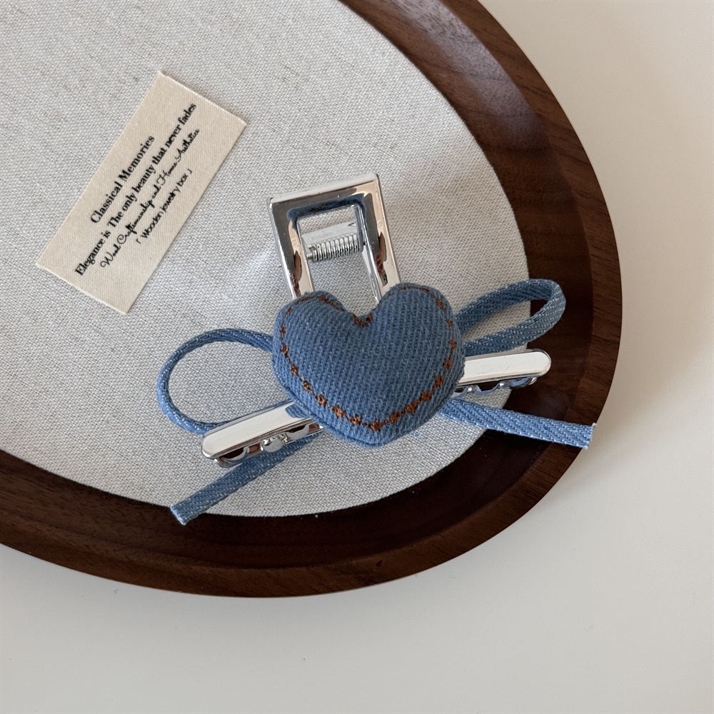 Women's Retro Denim Hair Tie Summer Accessory Pearl Heart Bow Knot