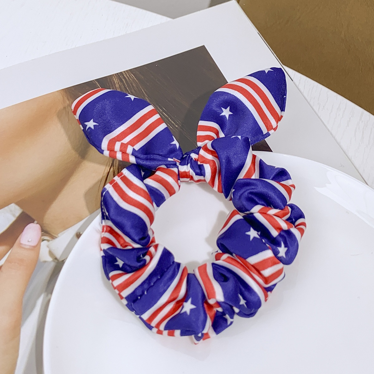 Women's American Flag Bunny Ear Hairband Independence Day Elastic Cloth Tie